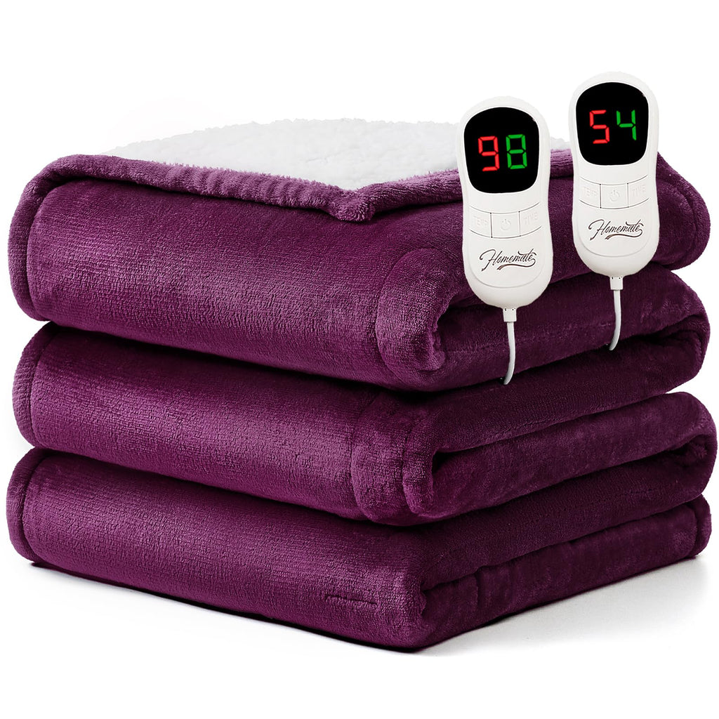 Homemate Heated Blanket Electric Throw - 50"x60" Heating Blanket Throw 1/2/4/6/8 Hours Auto-Off 10 Heat Level Over-Heat Protection Flannel Sherpa ETL Certification