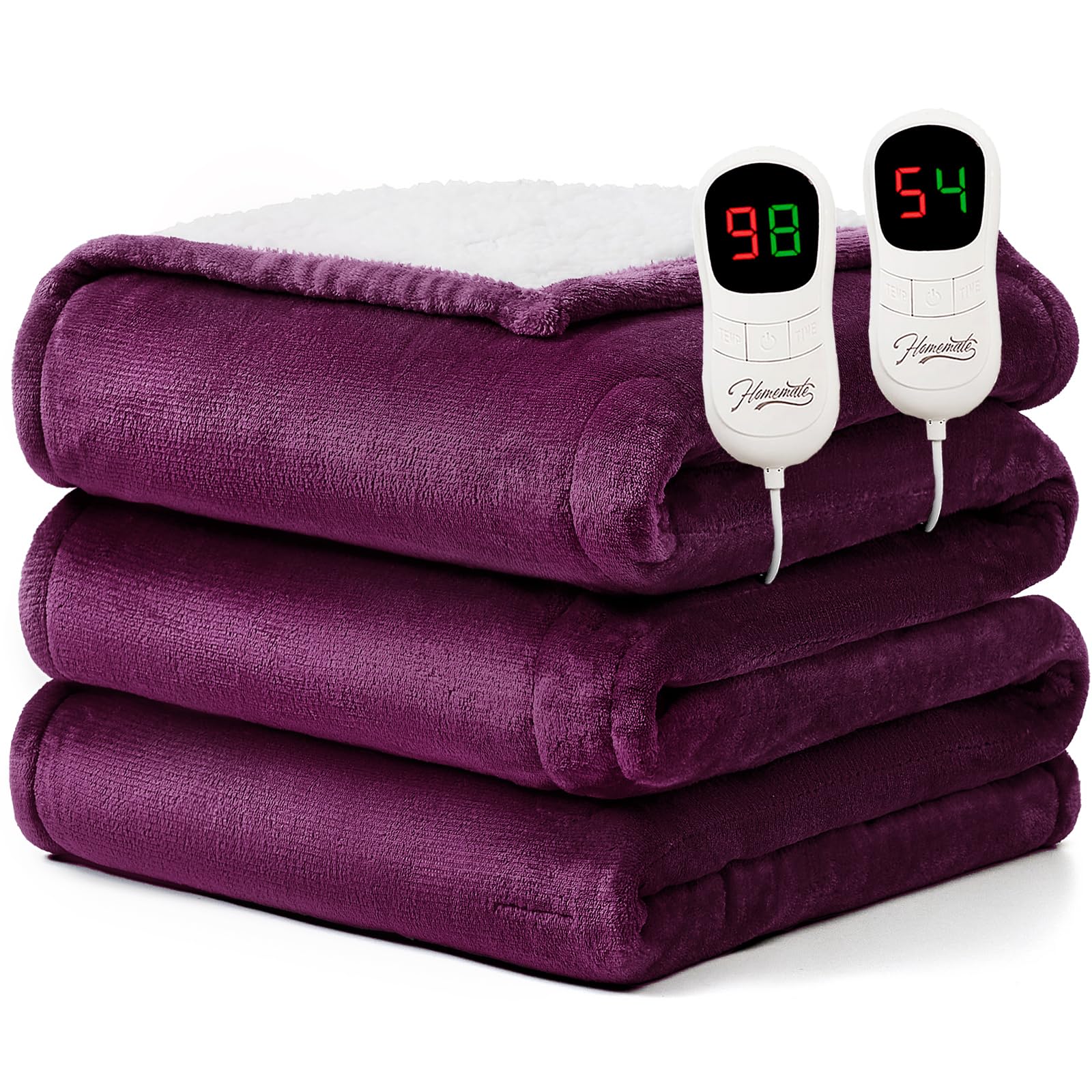 Homemate Heated Blanket Electric Throw - 50"x60" Heating Blanket Throw 1/2/4/6/8 Hours Auto-Off 10 Heat Level Over-Heat Protection Flannel Sherpa ETL Certification