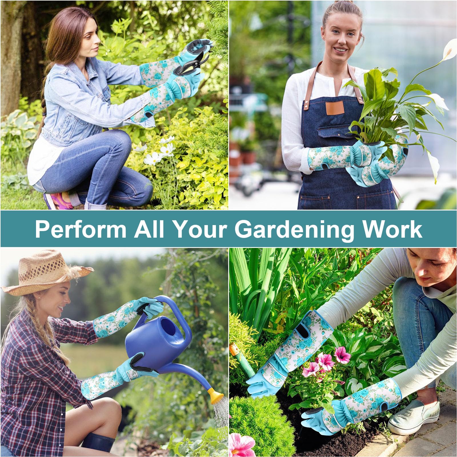 DLY Garden Gloves for Women,Gardening Gloves,Gardening Gift for Lady,Blue,M | Thornproof Cowhide Palm, Foam-Padded Grip, Long Sunflower Print Cuff, 3-Finger Touchscreen, Rose Pruning, Weeding & Yard Work