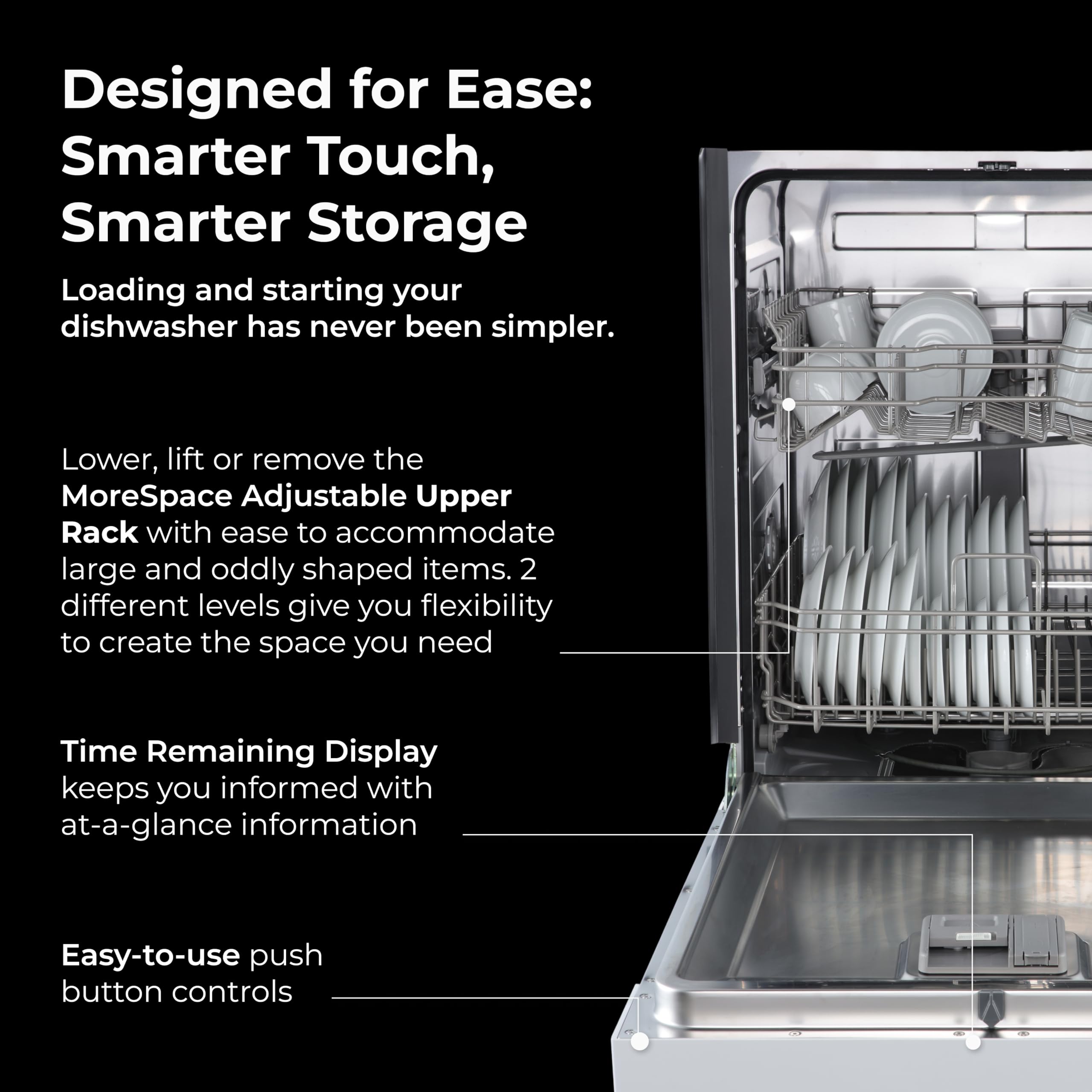 Kenmore 24" Hybrid Tub Dishwasher - Black | 54 DBA - MoreSpace Adjustable Rack, UltraWash, High Temp & SmartWash - 12 Place Settings - ENERGY STAR Certified