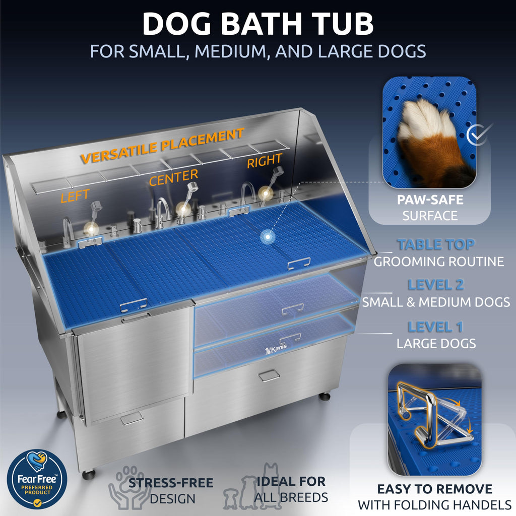 KANIS Professional Dog Washing Station 304 Stainless Steel Pet Wash Sink & Grooming Bathtub w/Shower, Floor Grates and Storage for Large, Medium & Small Pets (Silver, 50 Inches, Right Ramp, 1 Drawer)