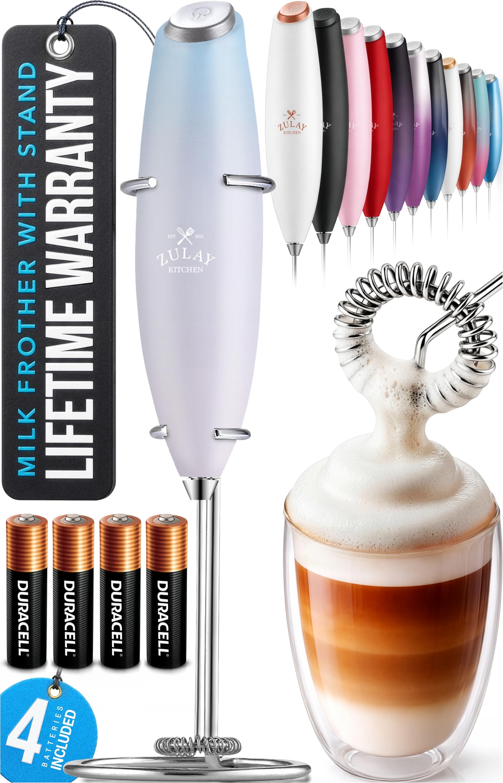 Zulay Kitchen Powerful Milk Frother Wand With Duracell Batteries - Ultra Fast Handheld Drink Mixer - Electric Whisk Foam Maker for Coffee, Lattes, Cappuccino & Matcha - Z1 Motor - Black