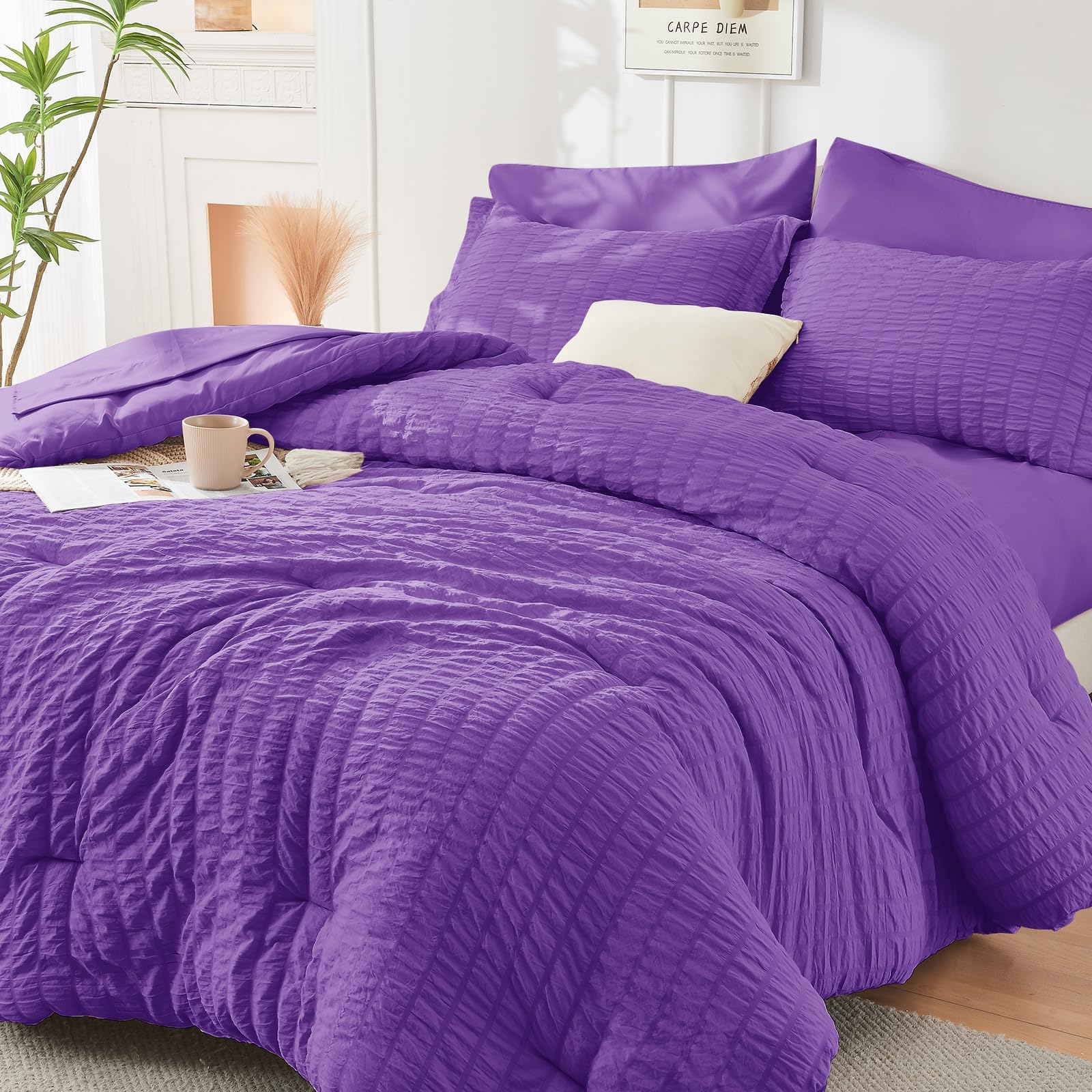 HYMOKEGE Twin XL Comforter Set Seersucker 5 Pieces, All Season Luxury Bed in a Bag for Bedroom, Bedding Set with Comforter, Sheet, Pillowcase & Sham, Dark Grey