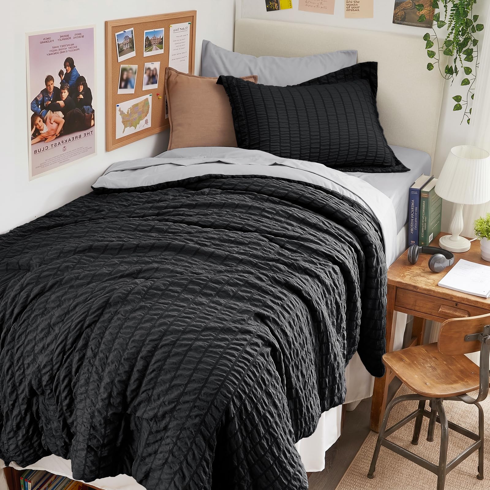 HYMOKEGE Twin XL Comforter Set Seersucker 5 Pieces, All Season Luxury Bed in a Bag for Bedroom, Bedding Set with Comforter, Sheet, Pillowcase & Sham, Dark Grey