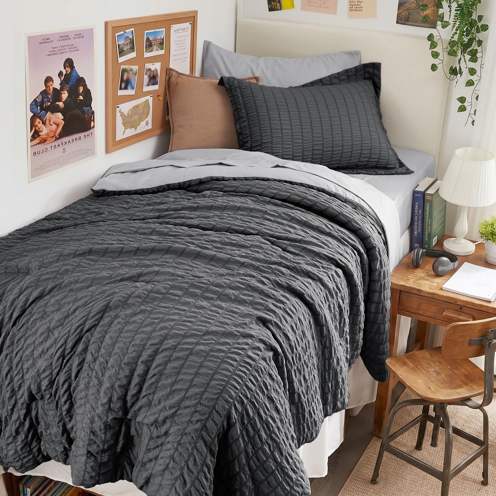 HYMOKEGE Twin XL Comforter Set Seersucker 5 Pieces, All Season Luxury Bed in a Bag for Bedroom, Bedding Set with Comforter, Sheet, Pillowcase & Sham, Dark Grey