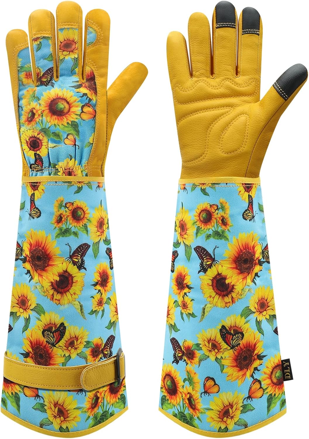 DLY Garden Gloves for Women,Gardening Gloves,Gardening Gift for Lady,Blue,M | Thornproof Cowhide Palm, Foam-Padded Grip, Long Sunflower Print Cuff, 3-Finger Touchscreen, Rose Pruning, Weeding & Yard Work