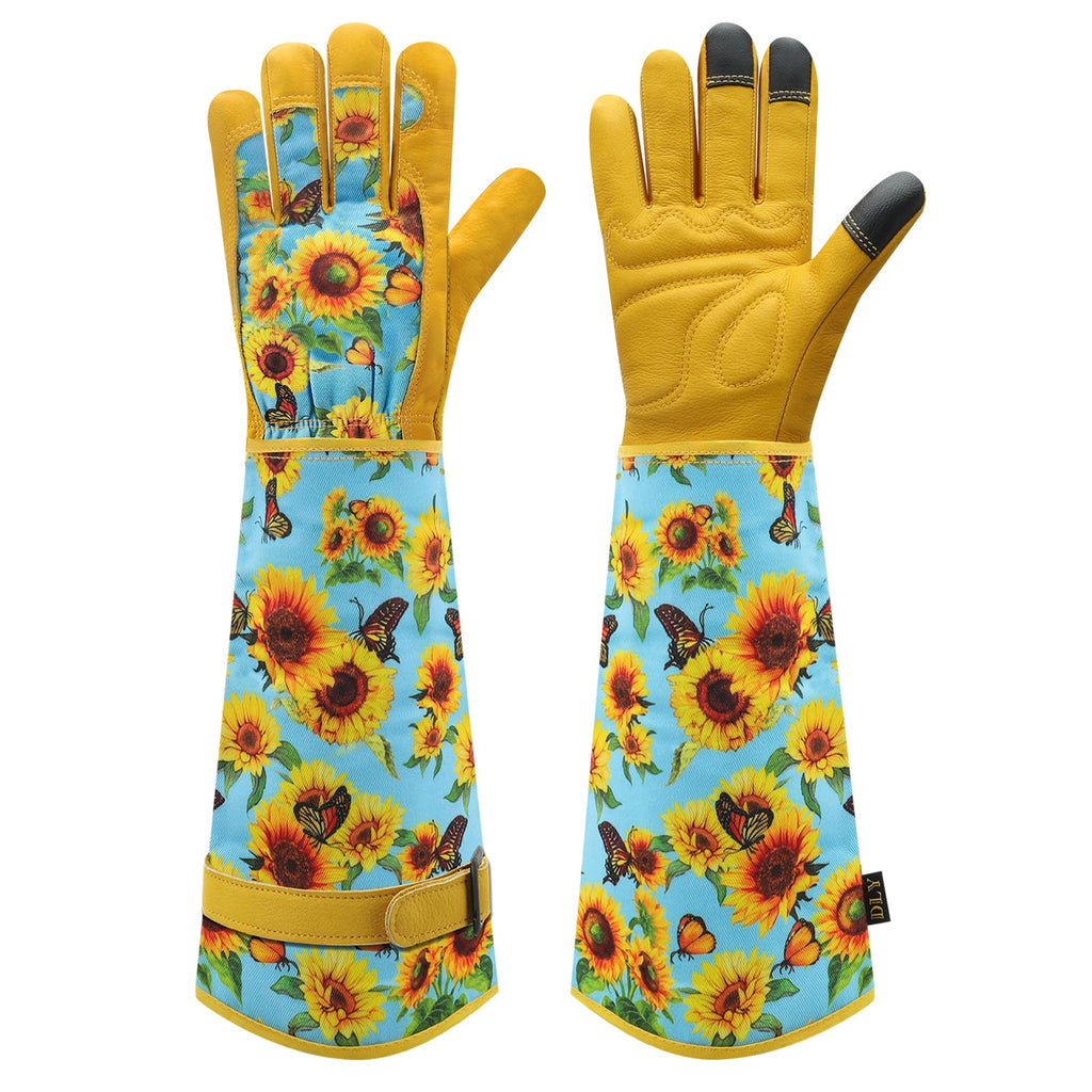 DLY Garden Gloves for Women,Gardening Gloves,Gardening Gift for Lady,Blue,M | Thornproof Cowhide Palm, Foam-Padded Grip, Long Sunflower Print Cuff, 3-Finger Touchscreen, Rose Pruning, Weeding & Yard Work