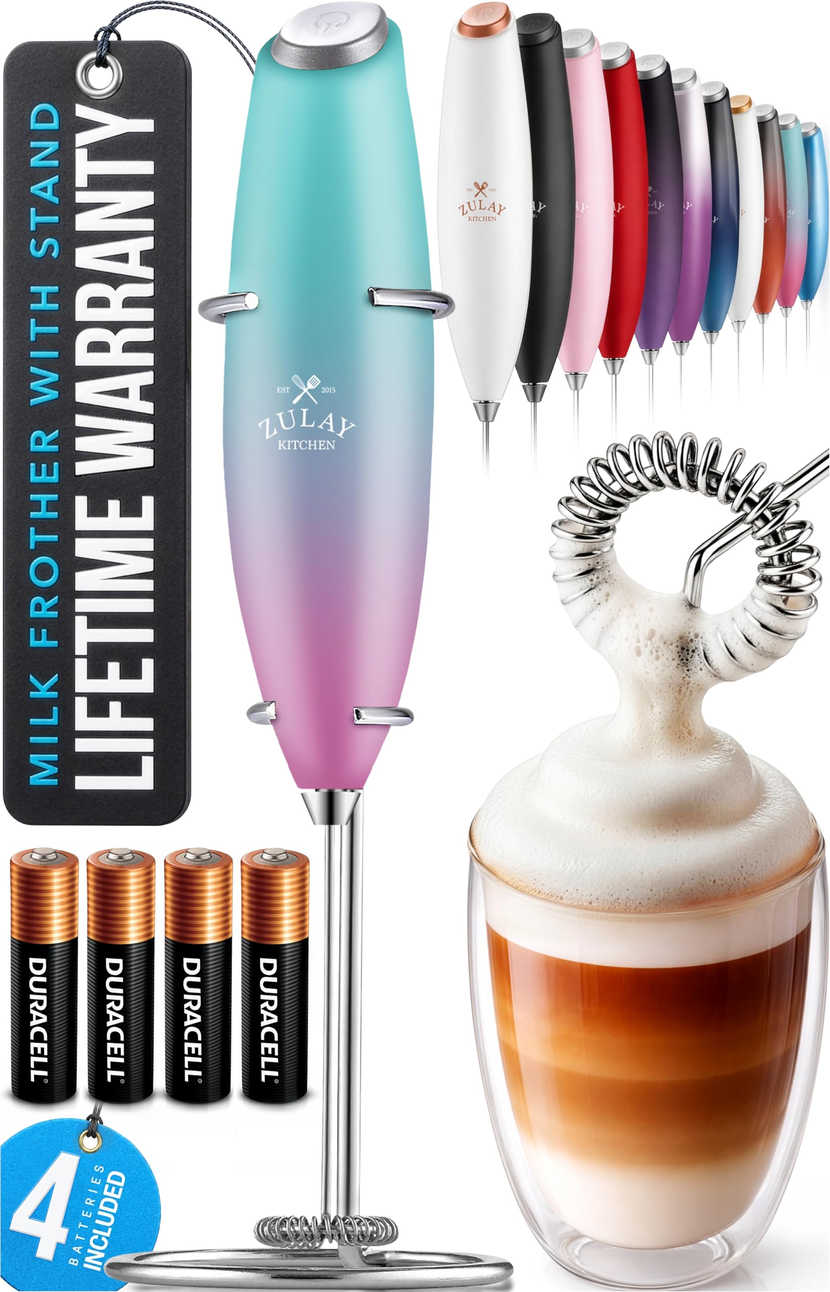 Zulay Kitchen Powerful Milk Frother Wand With Duracell Batteries - Ultra Fast Handheld Drink Mixer - Electric Whisk Foam Maker for Coffee, Lattes, Cappuccino & Matcha - Z1 Motor - Black