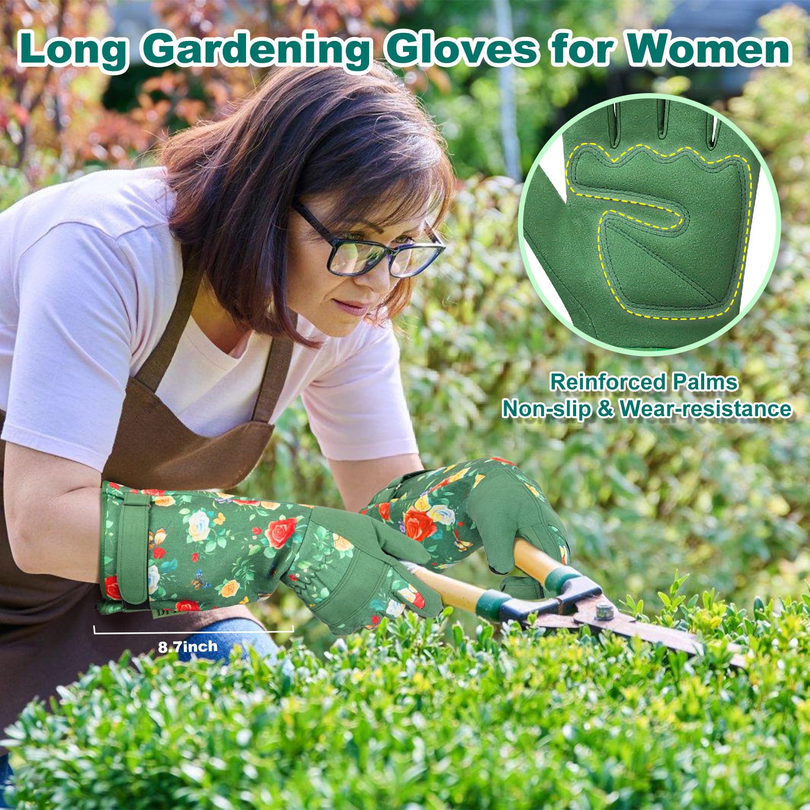 DLY Garden Gloves for Women,Gardening Gloves,Gardening Gift for Lady,Blue,M | Thornproof Cowhide Palm, Foam-Padded Grip, Long Sunflower Print Cuff, 3-Finger Touchscreen, Rose Pruning, Weeding & Yard Work
