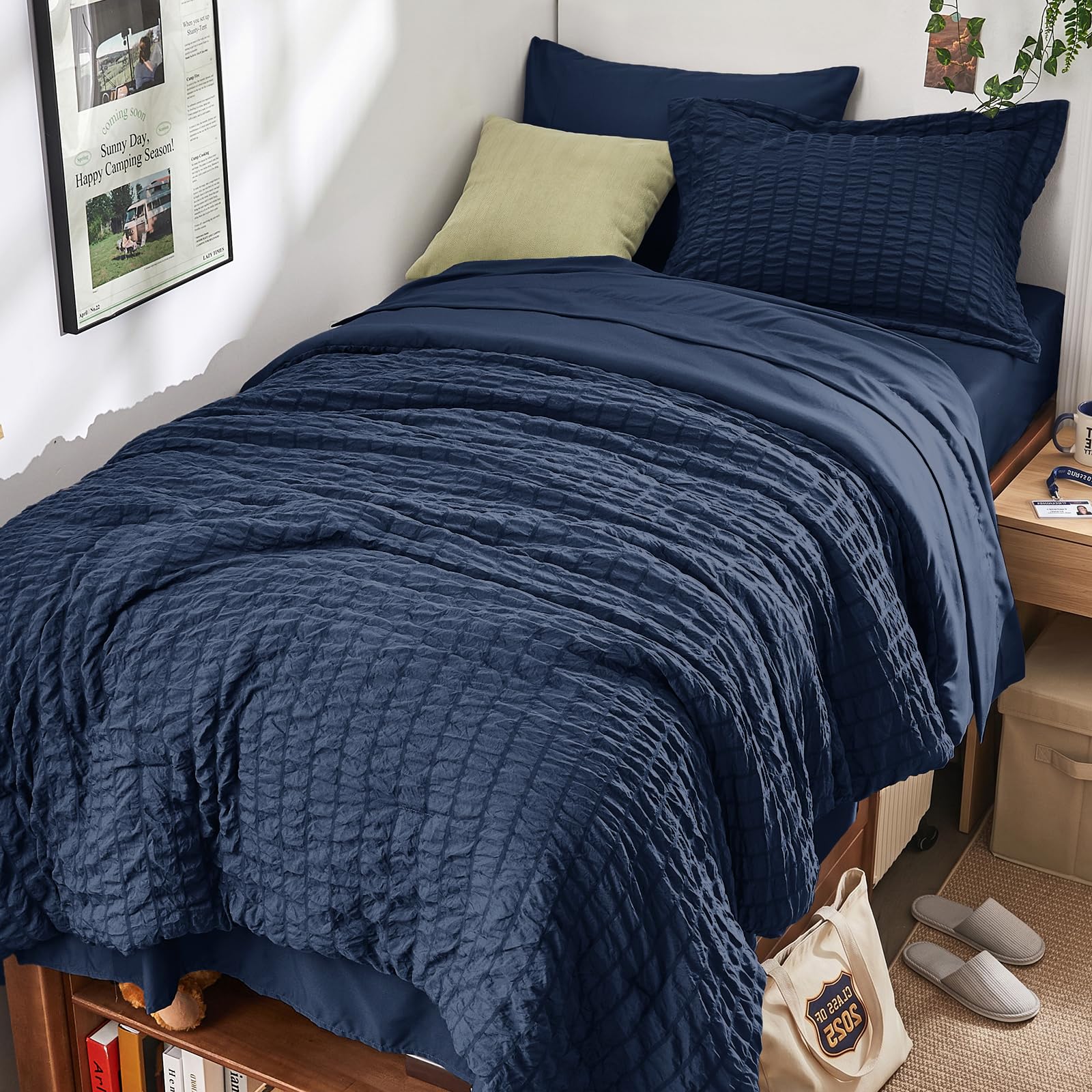 HYMOKEGE Twin XL Comforter Set Seersucker 5 Pieces, All Season Luxury Bed in a Bag for Bedroom, Bedding Set with Comforter, Sheet, Pillowcase & Sham, Dark Grey