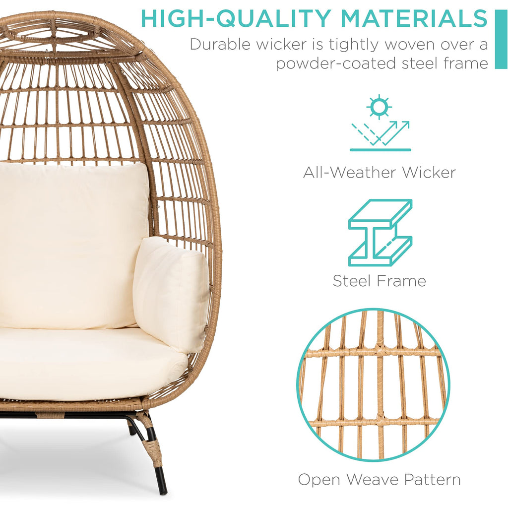 Best Choice Products Wicker Egg Chair, Oversized Indoor Outdoor Lounger for Patio, Backyard, Living Room w/ 4 Cushions, Steel Frame, 440lb Capacity - Black