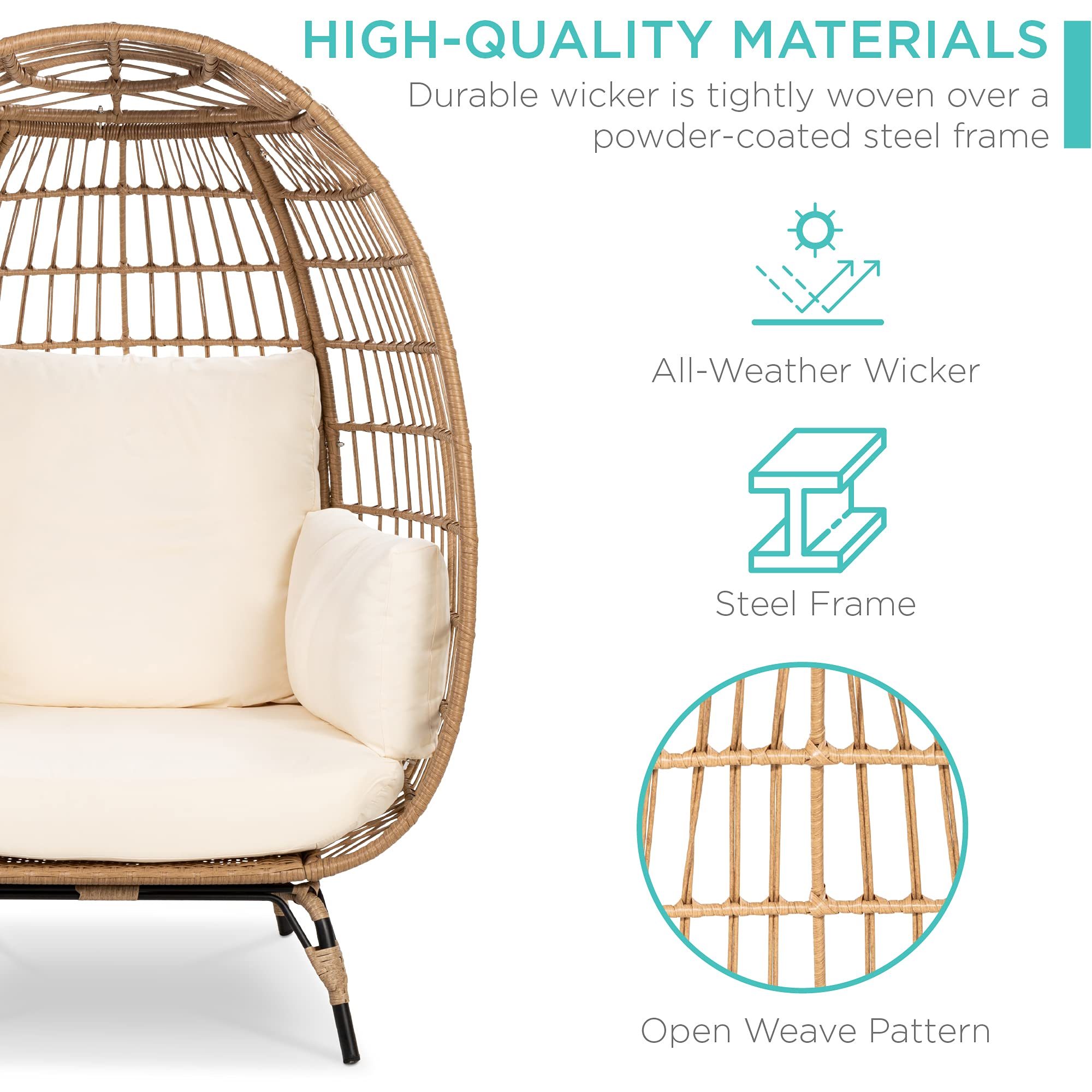 Best Choice Products Wicker Egg Chair, Oversized Indoor Outdoor Lounger for Patio, Backyard, Living Room w/ 4 Cushions, Steel Frame, 440lb Capacity - Black