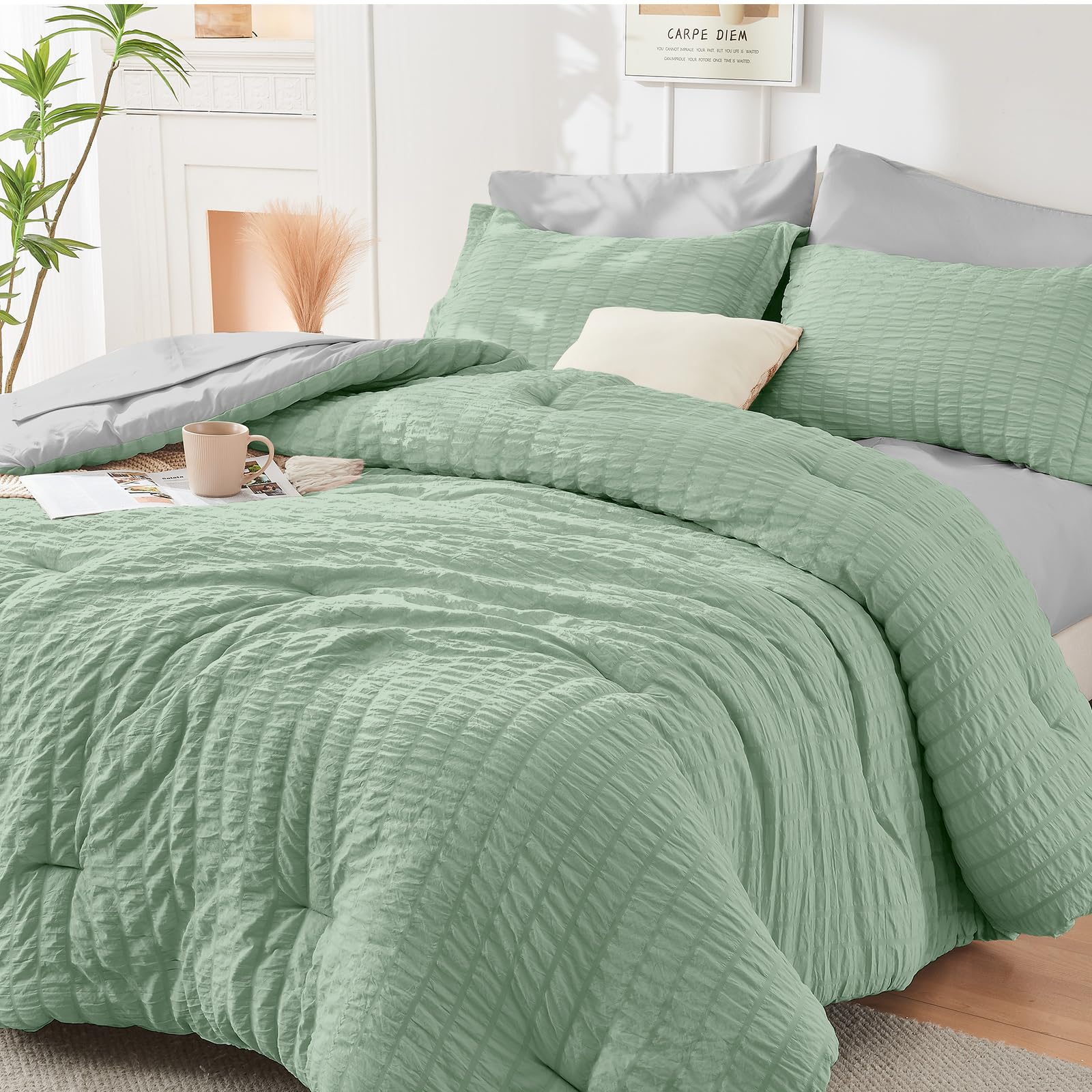 HYMOKEGE Twin XL Comforter Set Seersucker 5 Pieces, All Season Luxury Bed in a Bag for Bedroom, Bedding Set with Comforter, Sheet, Pillowcase & Sham, Dark Grey
