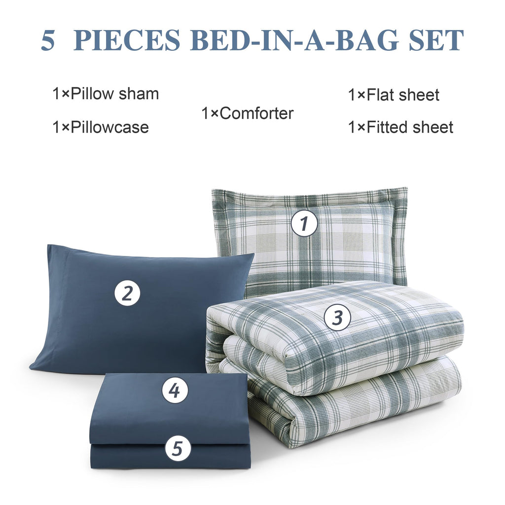 MaiRêve Plaid Twin XL Comforter Set Navy Blue 5 Pieces Dorm Bed in a Bag | Rustic Farmhouse Bedding Sets for Boys Teen with Sheets, Pillowcase & Sham