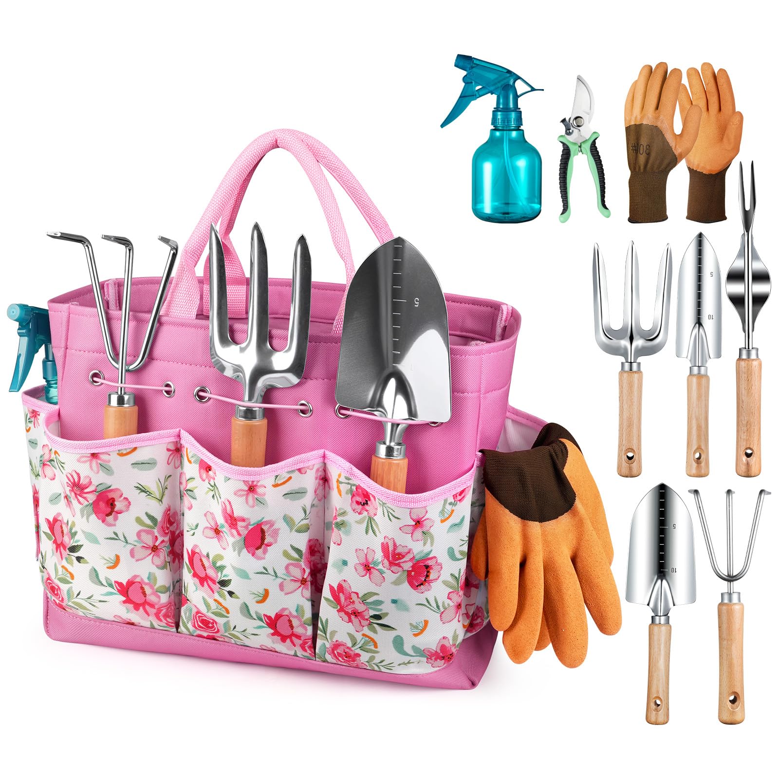 Grenebo Gardening Tools 9-Piece Heavy Duty Garden Hand Tools with Fashion and Durable Garden Tools Organizer Handbag, Rust-Proof Garden Tool Set, Ideal Gardening Gifts for Women