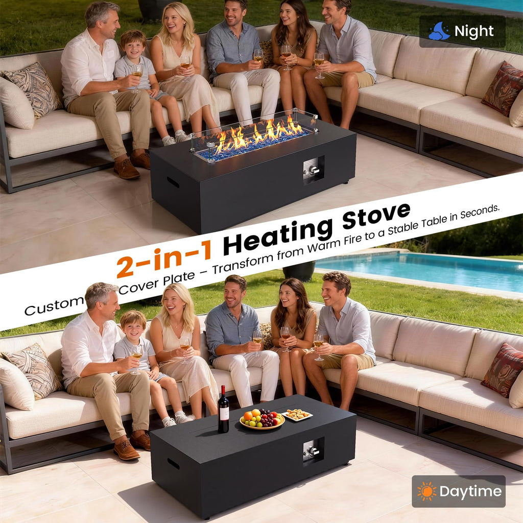 SUNPEAK 42" Modern Fire Pit Table with LED Light 50,000 BTU Deck Fire Pit Table Includes Wind Guard, Lid, Rocks & Cover - Propane Gas Patio Fireplace, Chimenea para Patio (Grey/Golden Light, 42" LED)
