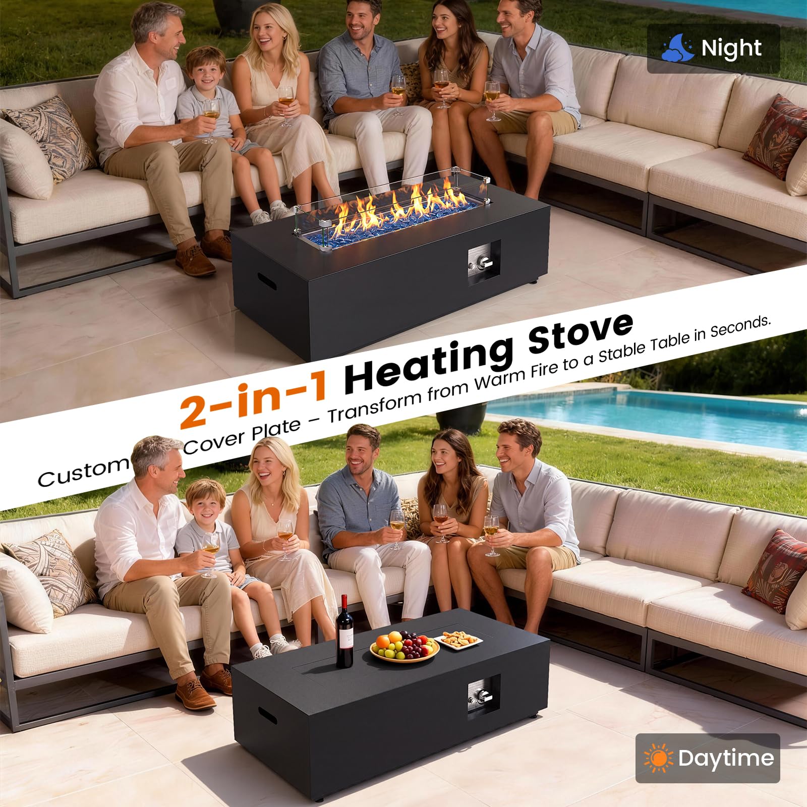 SUNPEAK 42" Modern Fire Pit Table with LED Light 50,000 BTU Deck Fire Pit Table Includes Wind Guard, Lid, Rocks & Cover - Propane Gas Patio Fireplace, Chimenea para Patio (Grey/Golden Light, 42" LED)