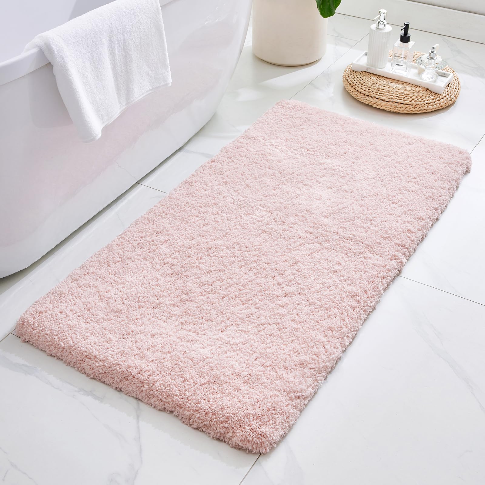ILANGO Pink Bathroom Rugs 24" × 17" Non Slip & Super Absorbent Extra Thick Soft, Washable Bath Mat for Floor, Non Shedding Microfiber Plush Holiday Bath Rug with Rubber for Shower Sink