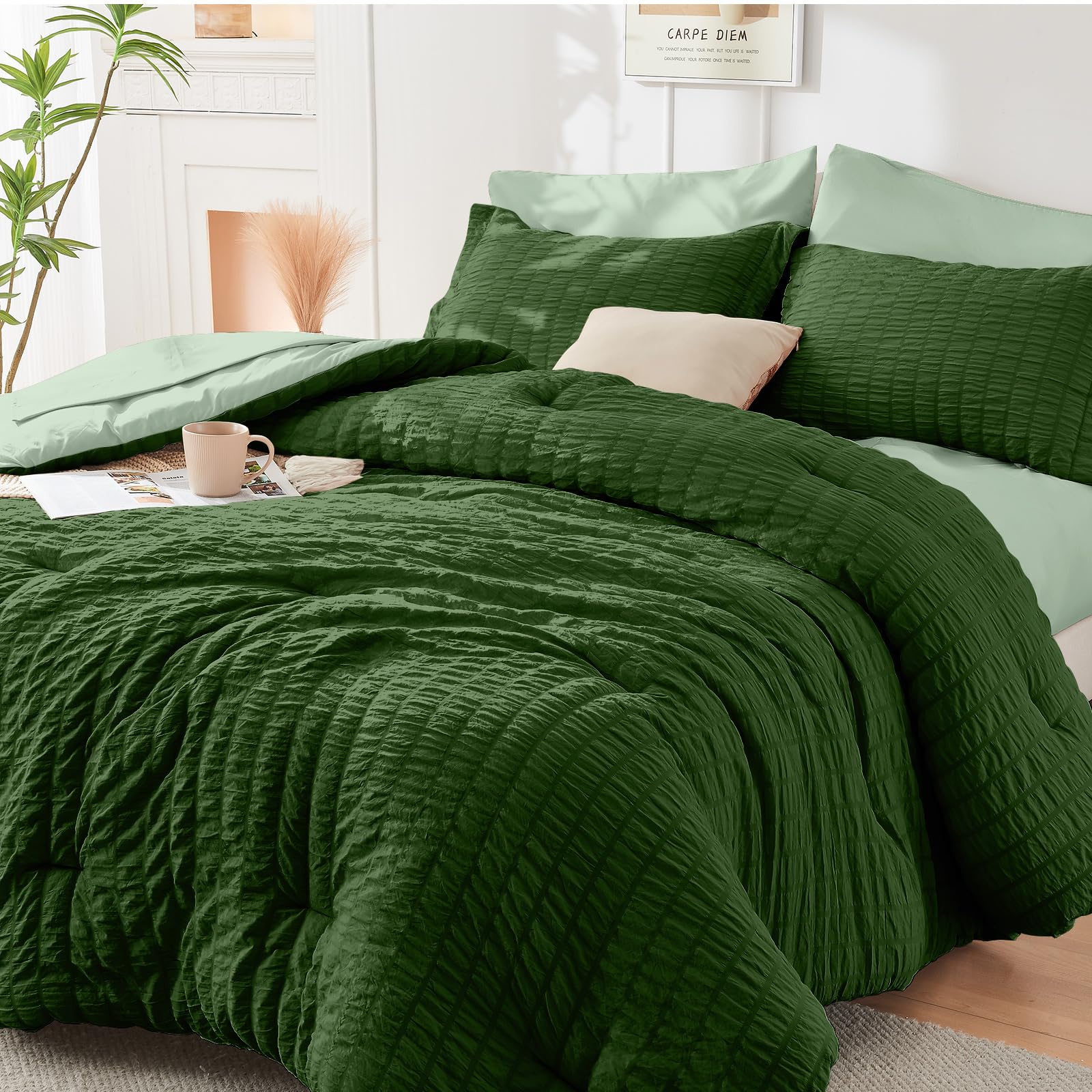 HYMOKEGE Twin XL Comforter Set Seersucker 5 Pieces, All Season Luxury Bed in a Bag for Bedroom, Bedding Set with Comforter, Sheet, Pillowcase & Sham, Dark Grey