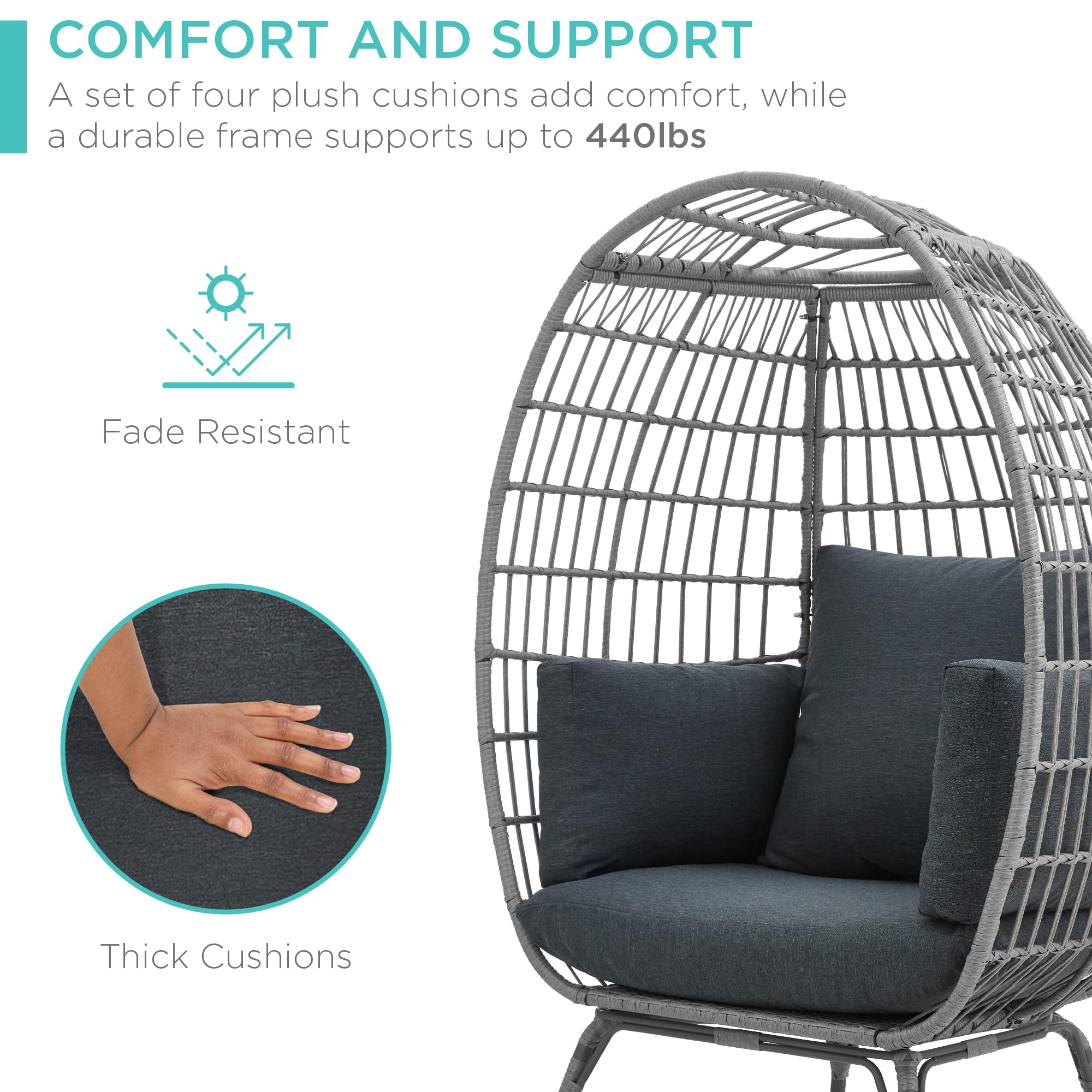 Best Choice Products Wicker Egg Chair, Oversized Indoor Outdoor Lounger for Patio, Backyard, Living Room w/ 4 Cushions, Steel Frame, 440lb Capacity - Black