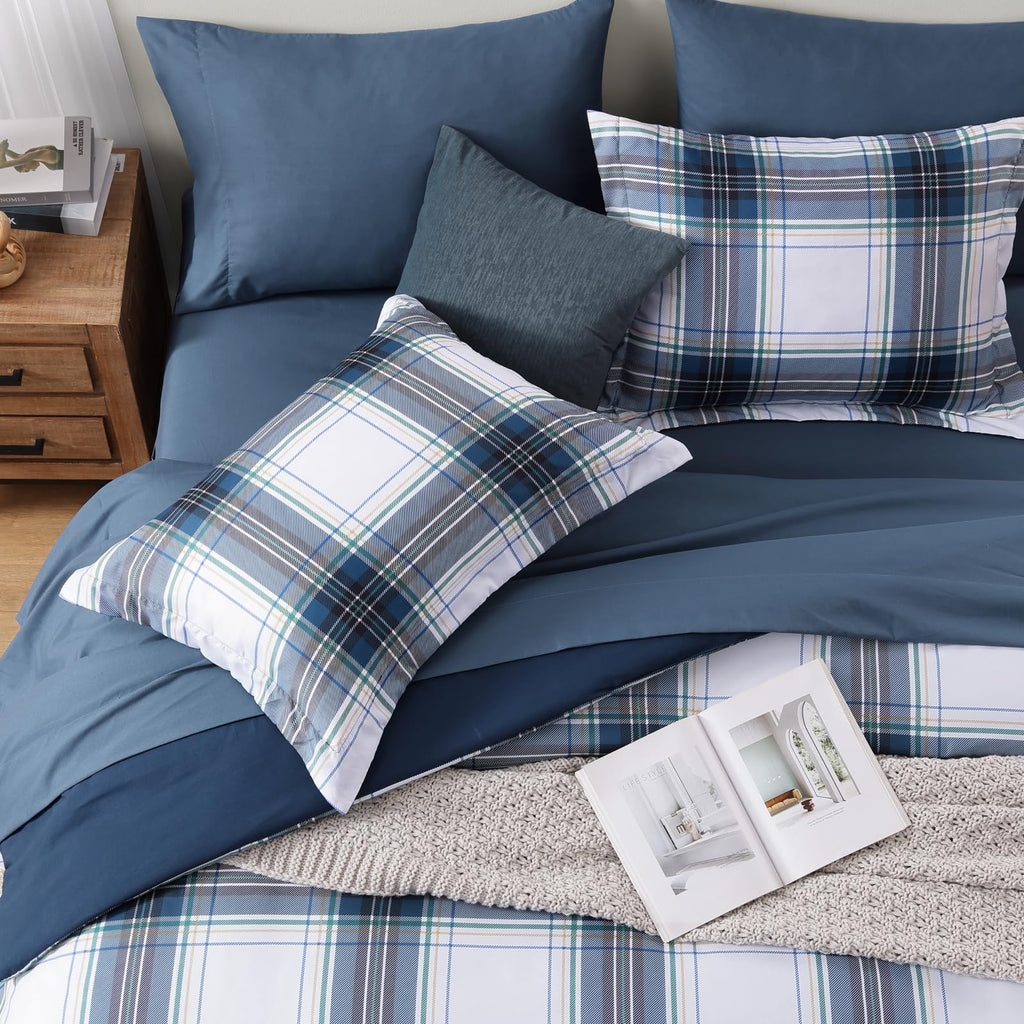 MaiRêve Plaid Twin XL Comforter Set Navy Blue 5 Pieces Dorm Bed in a Bag | Rustic Farmhouse Bedding Sets for Boys Teen with Sheets, Pillowcase & Sham