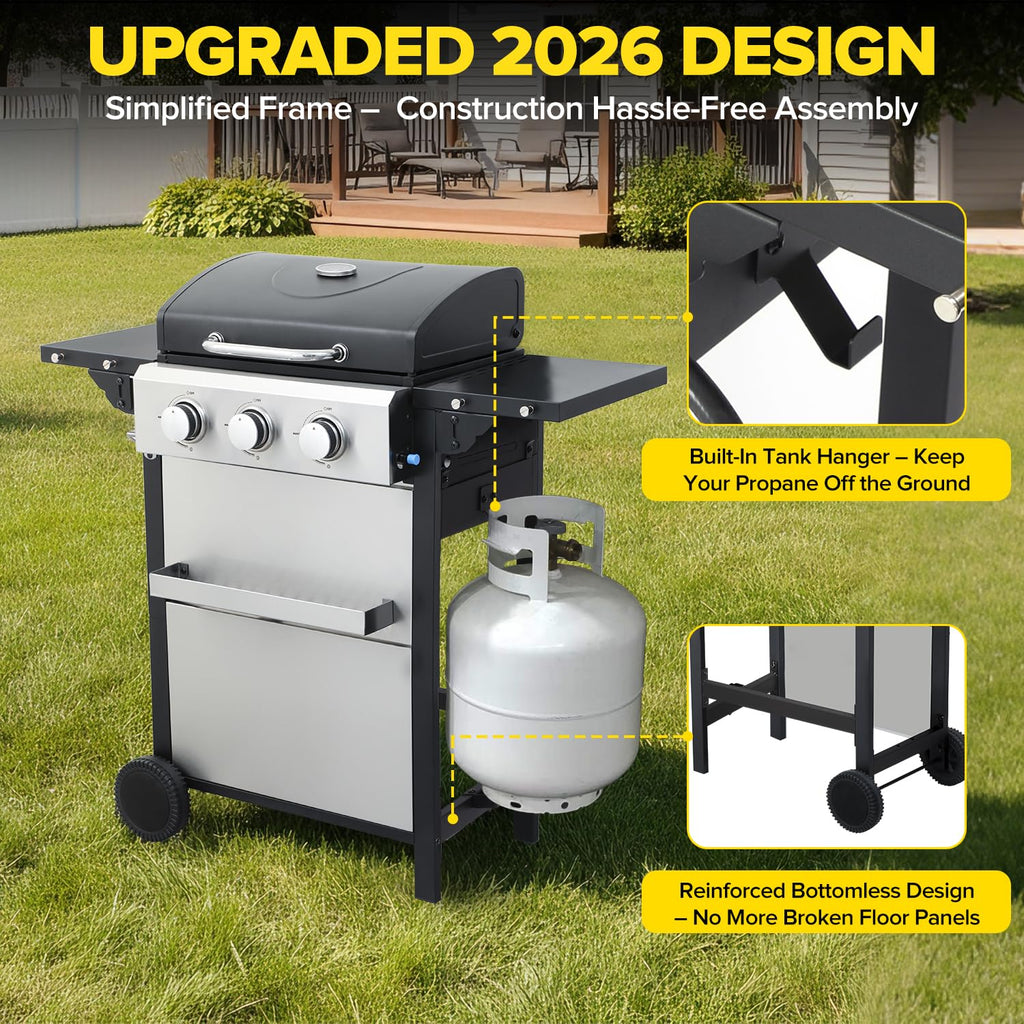 4 Burner Gas Grill with Foldable Shelves, 40,000 BTU Stainless Steel Propane BBQ Grill, 387 Sq. In. Cooking Space, Portable Outdoor Grill for Patio, Backyard, Camping & Tailgating