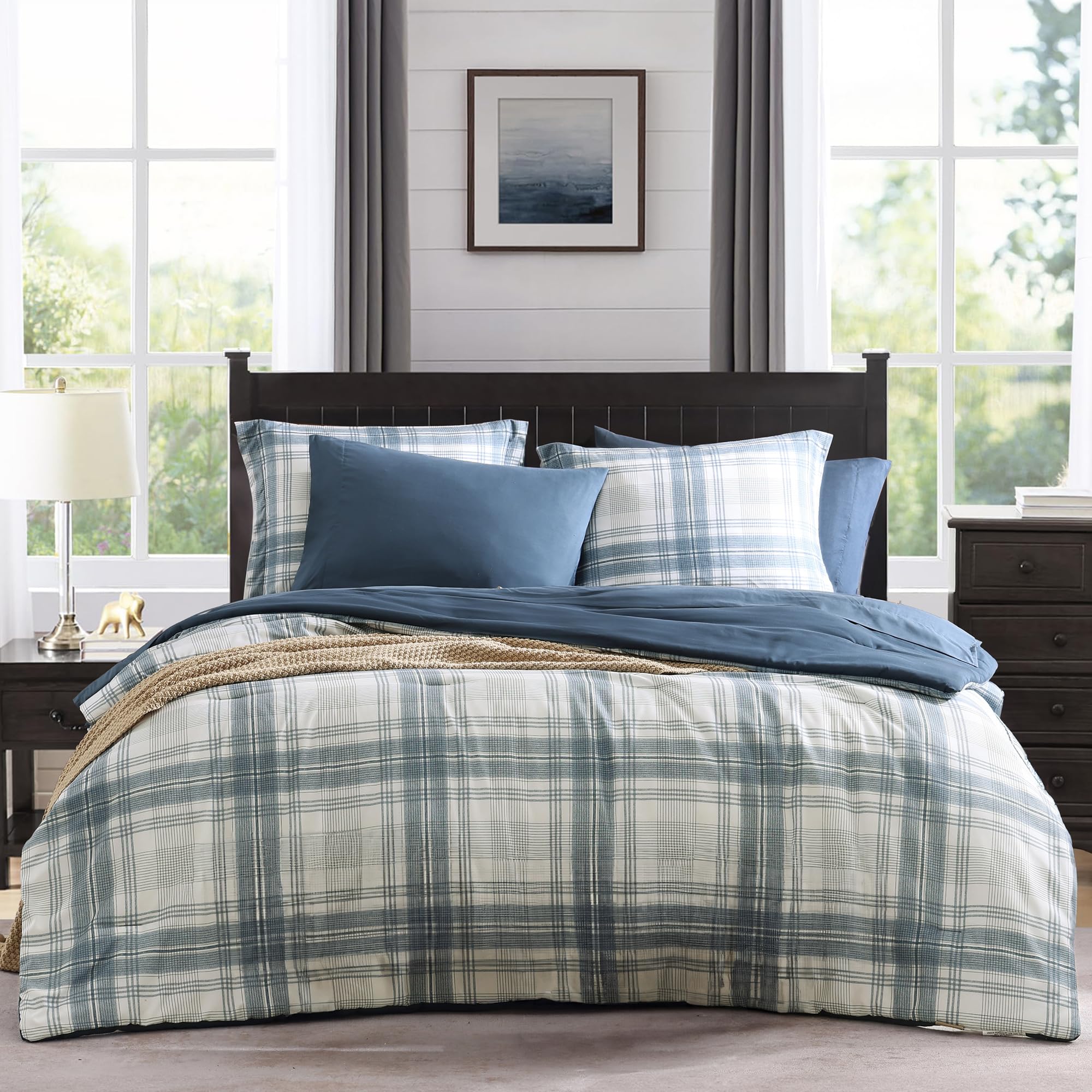 MaiRêve Plaid Twin XL Comforter Set Navy Blue 5 Pieces Dorm Bed in a Bag | Rustic Farmhouse Bedding Sets for Boys Teen with Sheets, Pillowcase & Sham