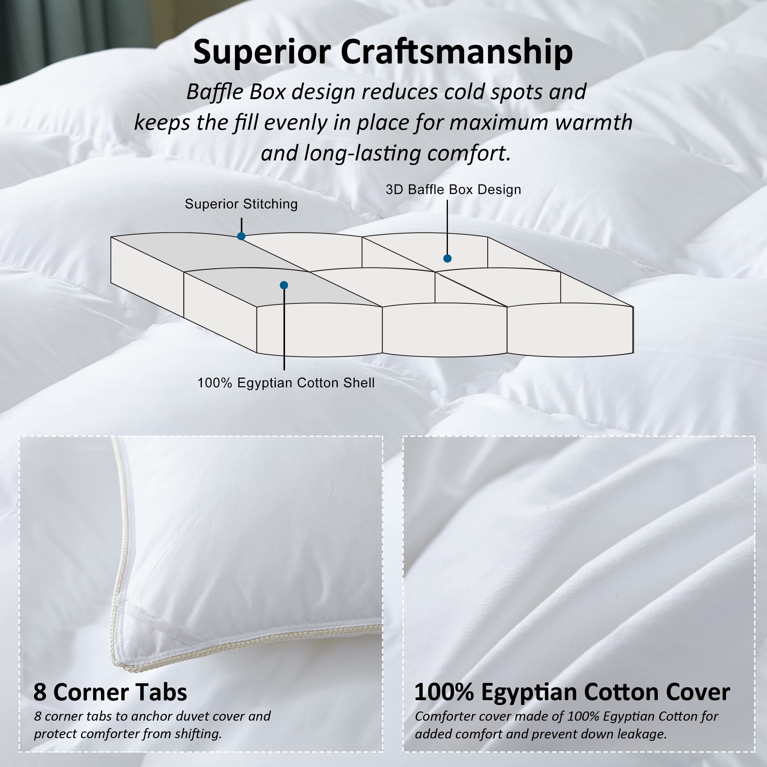 Luxurious All-Season Goose Down Feather Fiber Comforter California King Size Duvet Insert, Exquisite Pinch Pleat Design, Premium Baffle Box, 100% Egyptian Cotton Cover, 80 oz. Fill Weight, Black