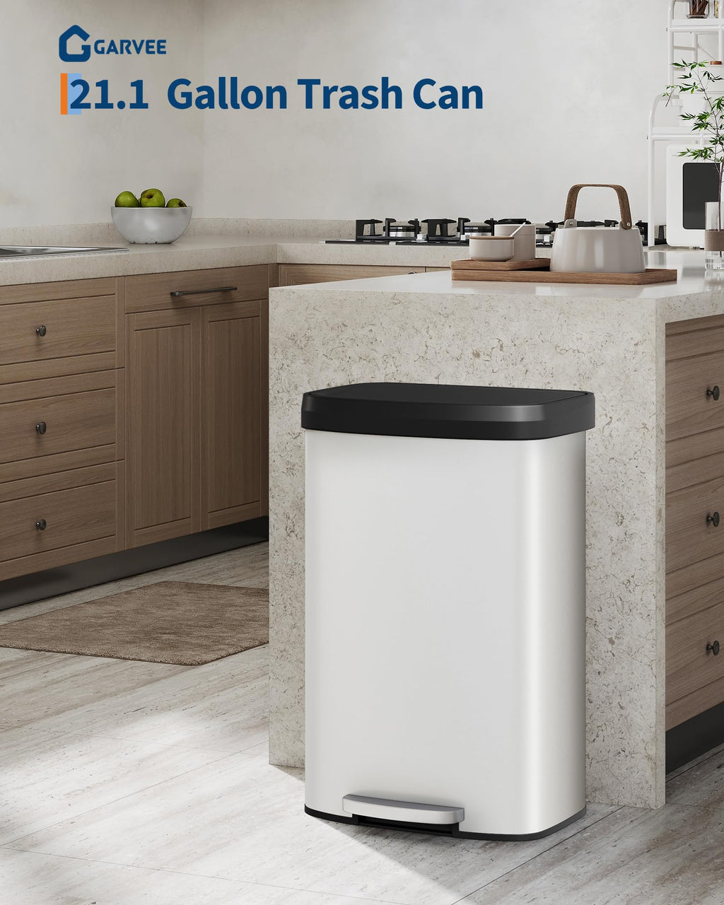 Garvee 13 gal / 50 L Stainless Steel Trash Can with Lid, Large Garbage Can for Kitchen, Rustproof Step-on Kitchen Metal Trash Bin with Liner Rim, Rear Handle, Soft Close Plastic Lid, Silver