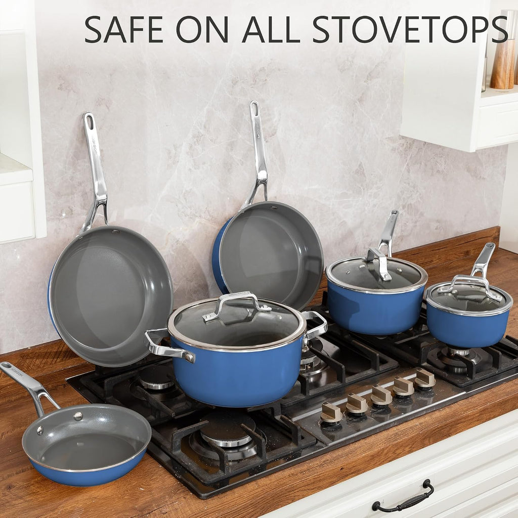 Ceramic Cookware Set, Pots & Pans Set, 10PC for RV and Apartment | Include saucepan, saute pan, stockpot, frying pans, oven safe to 480°F, dishwasher safe, non-toxic PFAS free, induction bases