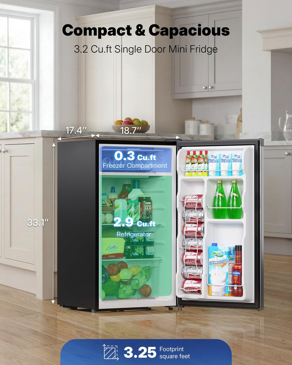 Upstreman 3.2 Cu.Ft Mini Fridge with Freezer, Quiet Efficient Small Fridge, Compact Refrigerator with Adjustable Thermostat, for Dorm, Bedroom, Office, Black-BR321