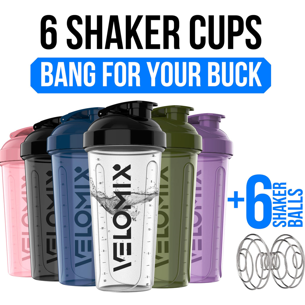 VELOMIX 6 Pack 28 oz Protein Shaker Bottle for Mixes - 6 Wire Whisk Balls | Leak Proof Cups for Supplements | BPA-Free Gym & Fitness (Earth Tones Collection)