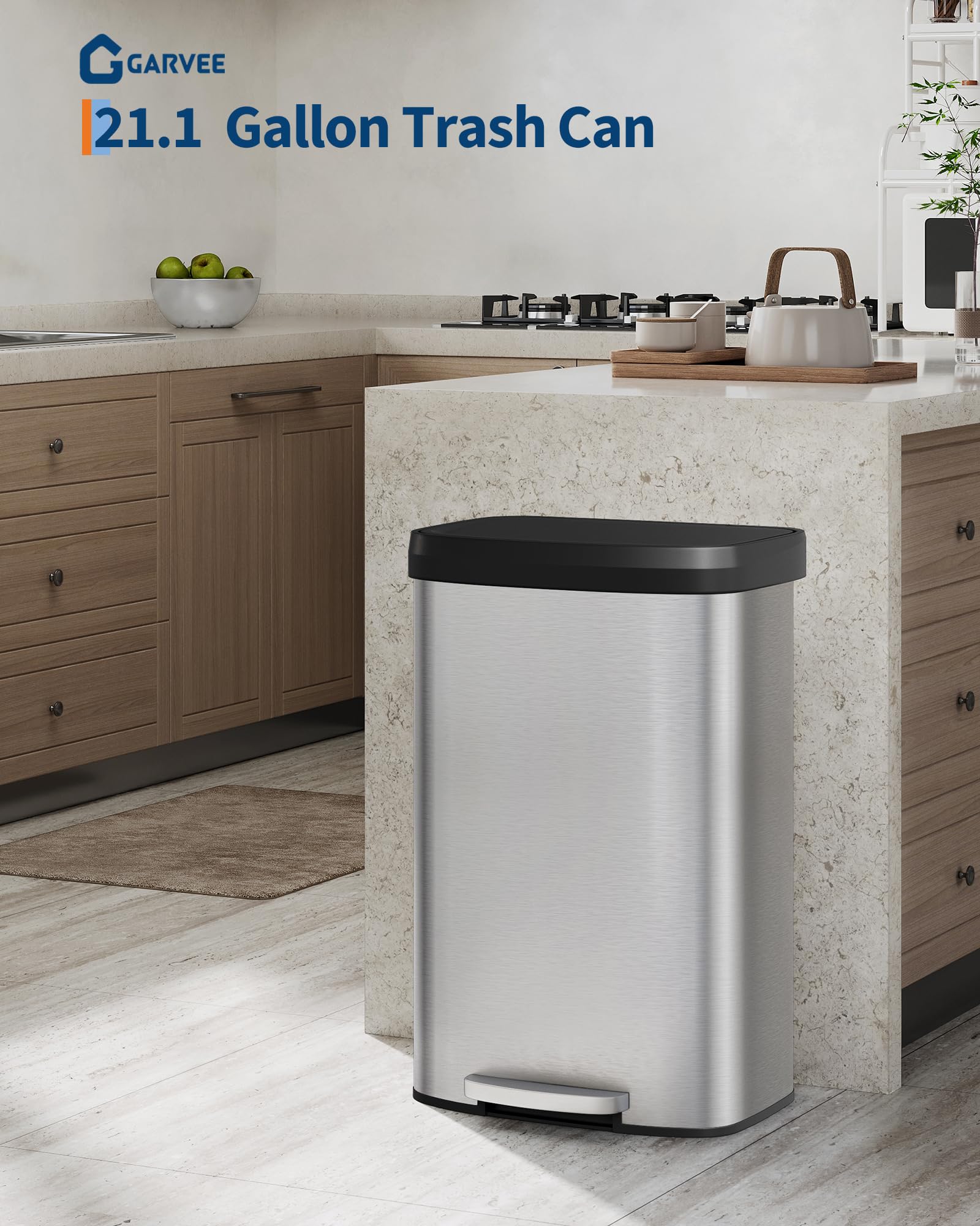 Garvee 13 gal / 50 L Stainless Steel Trash Can with Lid, Large Garbage Can for Kitchen, Rustproof Step-on Kitchen Metal Trash Bin with Liner Rim, Rear Handle, Soft Close Plastic Lid, Silver
