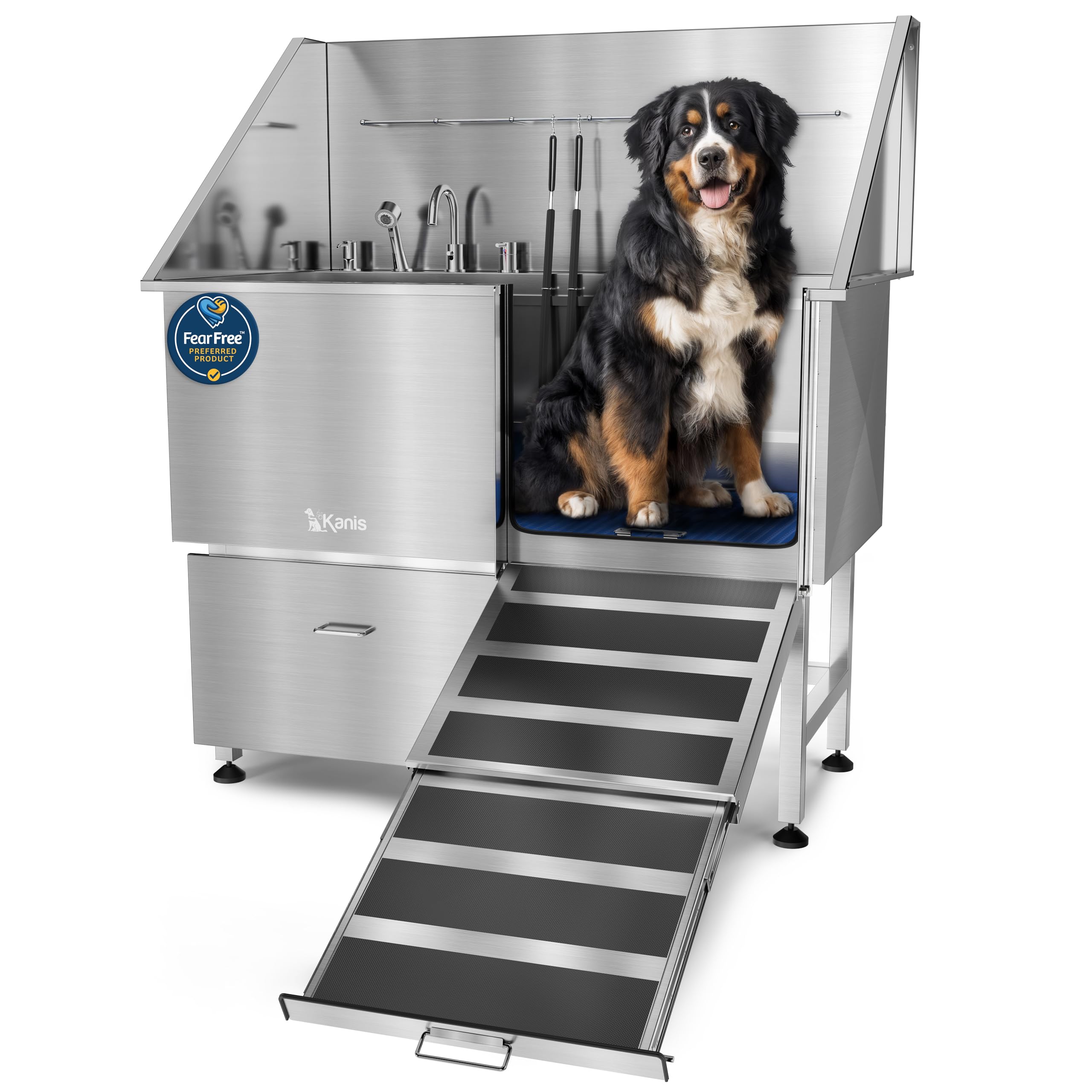KANIS Professional Dog Washing Station 304 Stainless Steel Pet Wash Sink & Grooming Bathtub w/Shower, Floor Grates and Storage for Large, Medium & Small Pets (Silver, 50 Inches, Right Ramp, 1 Drawer)
