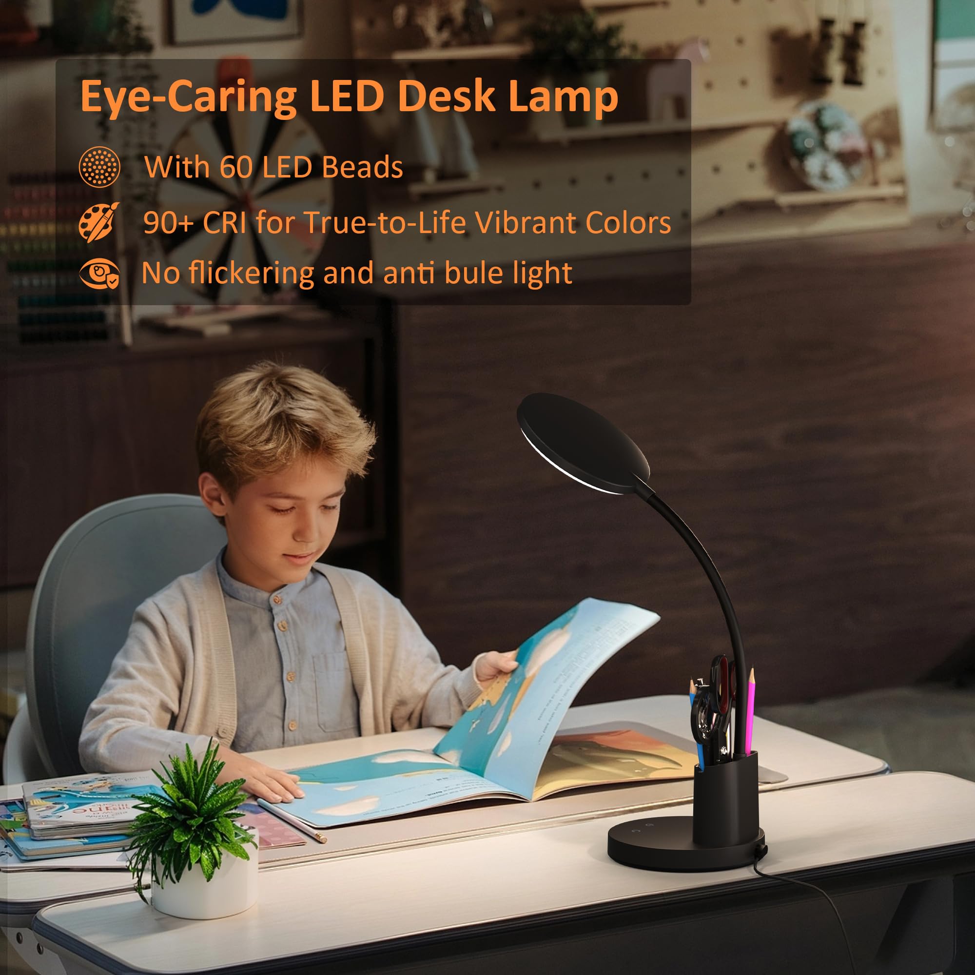 LED Desk Lamp with Wireless Charger for Home Office, Black | 3 Color Modes Dimmable Eye-Caring Study Desk Light for College Dorm Room, 360° Flexible Arm, Built-in Pen Holder, 800 Lumen