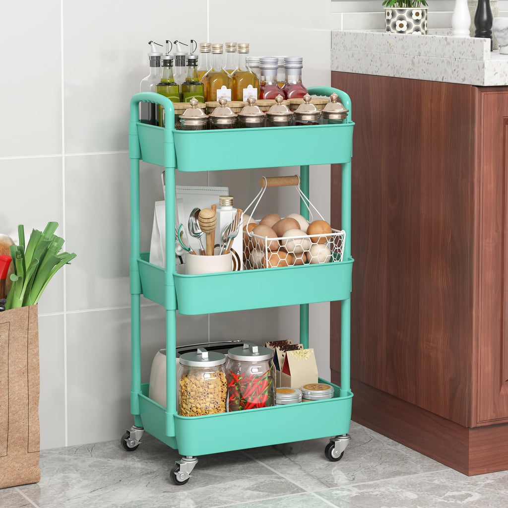 Sywhitta 3-Tier Plastic Rolling Utility Cart with Handle, Multi-Functional Storage Trolley for Office, Living Room, Kitchen, Movable Storage Organizer with Wheels, Black