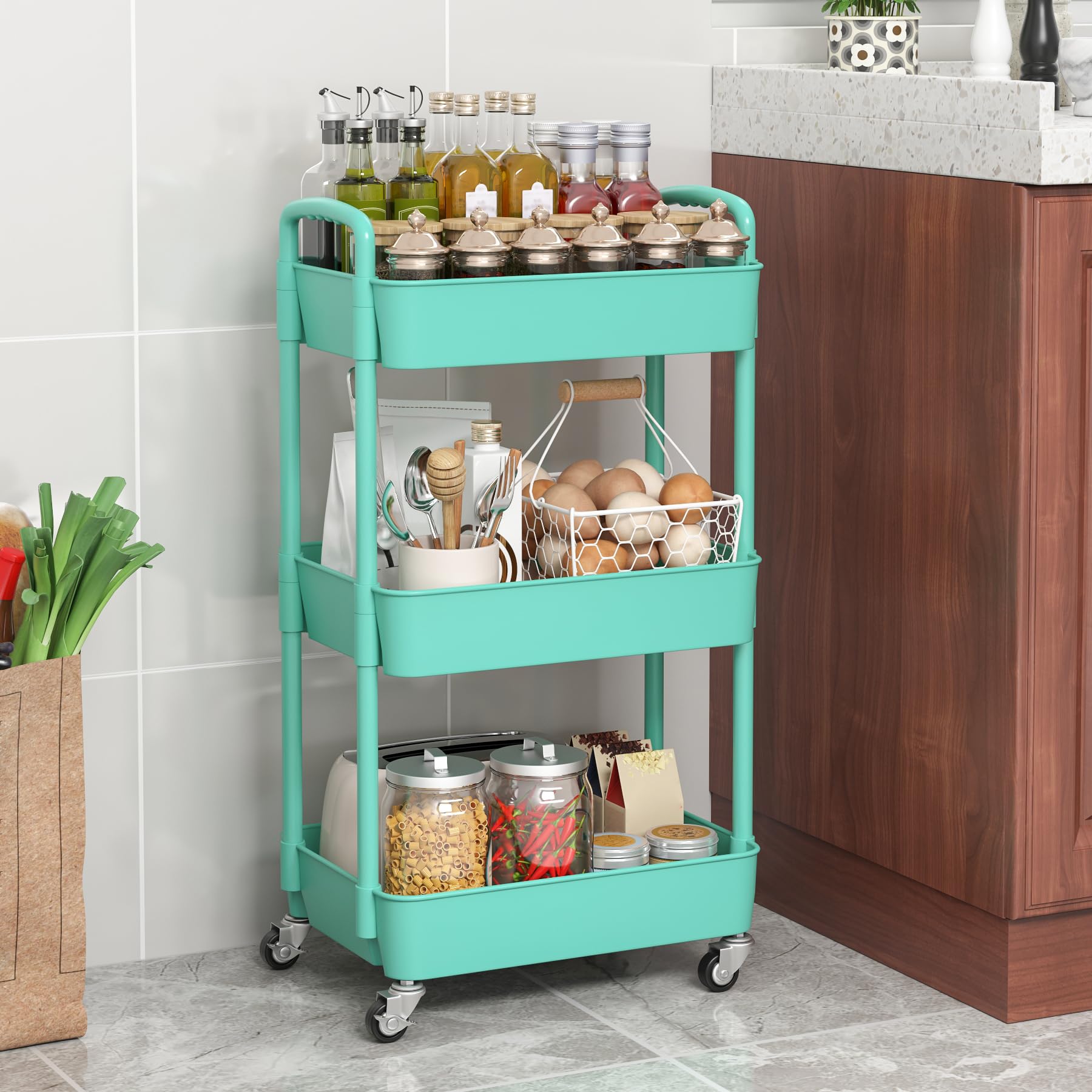 Sywhitta 3-Tier Plastic Rolling Utility Cart with Handle, Multi-Functional Storage Trolley for Office, Living Room, Kitchen, Movable Storage Organizer with Wheels, Black