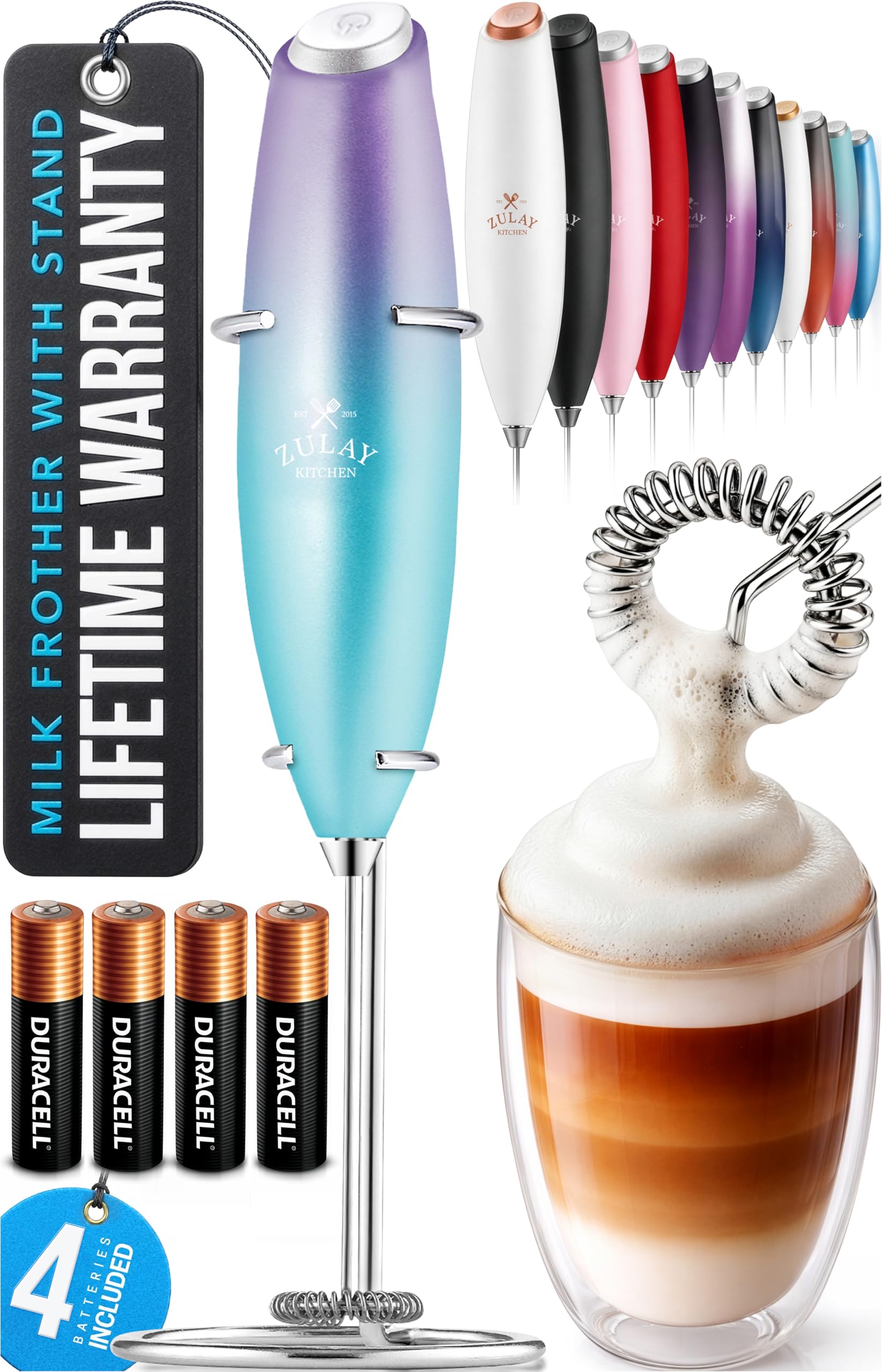 Zulay Kitchen Powerful Milk Frother Wand With Duracell Batteries - Ultra Fast Handheld Drink Mixer - Electric Whisk Foam Maker for Coffee, Lattes, Cappuccino & Matcha - Z1 Motor - Black