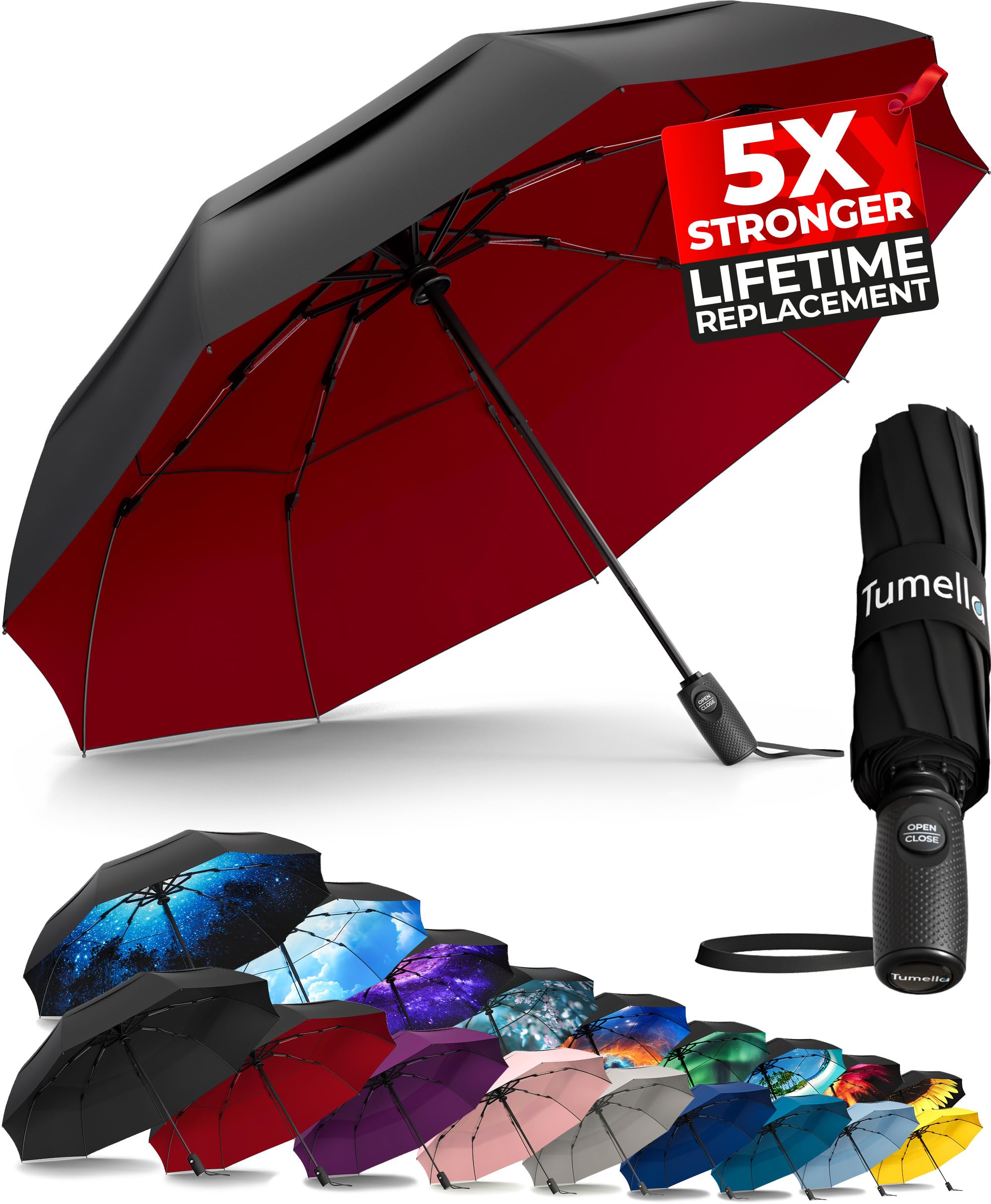 TUMELLA Strongest Windproof Travel Umbrella (Compact, 100MPH Wind-Tested), Light, Portable, One-Handed Use, Automatic Folding Rain Umbrella, Durable, Premium Grip, Fits Car & Backpack