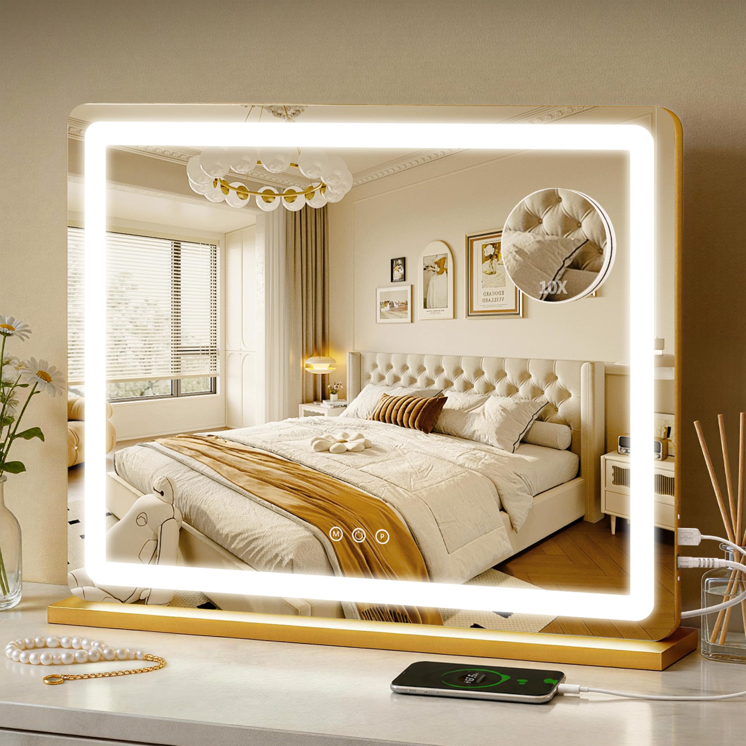 ROLOVE Vanity Mirror with Lights, 12.6"x15" LED Makeup Mirror with Lights, Smart Touch Control 3 Color Dimmable, Lighted Desk Mirror for Bedroom, Light Up Mirror