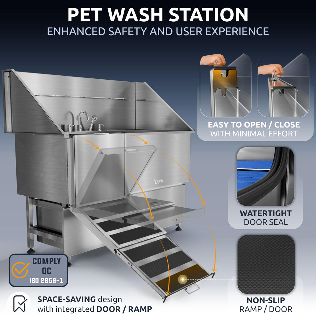 KANIS Professional Dog Washing Station 304 Stainless Steel Pet Wash Sink & Grooming Bathtub w/Shower, Floor Grates and Storage for Large, Medium & Small Pets (Silver, 50 Inches, Right Ramp, 1 Drawer)