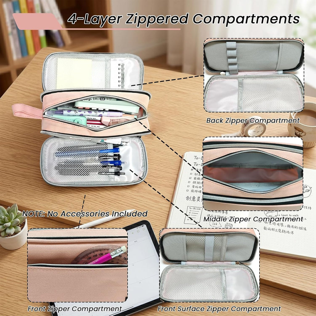 Large Pencil Case Pouch, Extra Big Pencil Bag with 4 Compartments for Kids, Oxford Cloth Pen Bag with Zipper, Pencil Organizer, Cute Aesthetic School Supplies for Teen Girls Boys Adults Pink