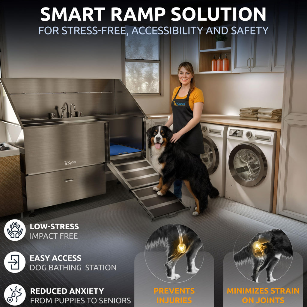 KANIS Professional Dog Washing Station 304 Stainless Steel Pet Wash Sink & Grooming Bathtub w/Shower, Floor Grates and Storage for Large, Medium & Small Pets (Silver, 50 Inches, Right Ramp, 1 Drawer)