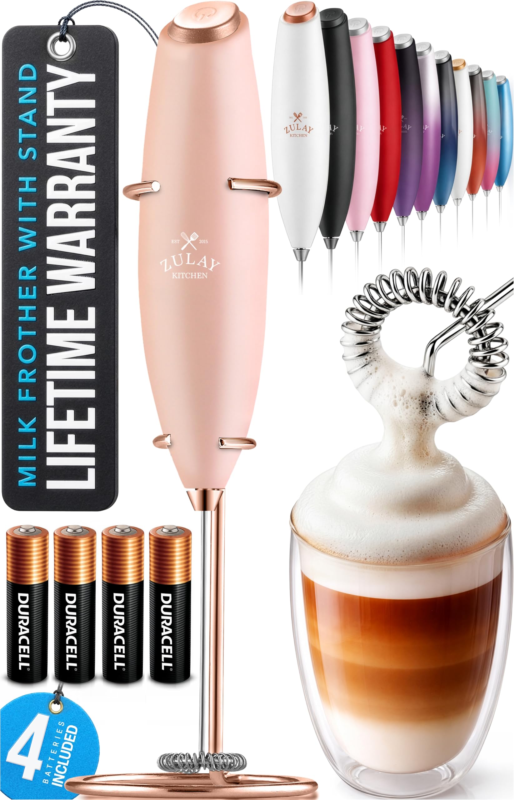 Zulay Kitchen Powerful Milk Frother Wand With Duracell Batteries - Ultra Fast Handheld Drink Mixer - Electric Whisk Foam Maker for Coffee, Lattes, Cappuccino & Matcha - Z1 Motor - Black