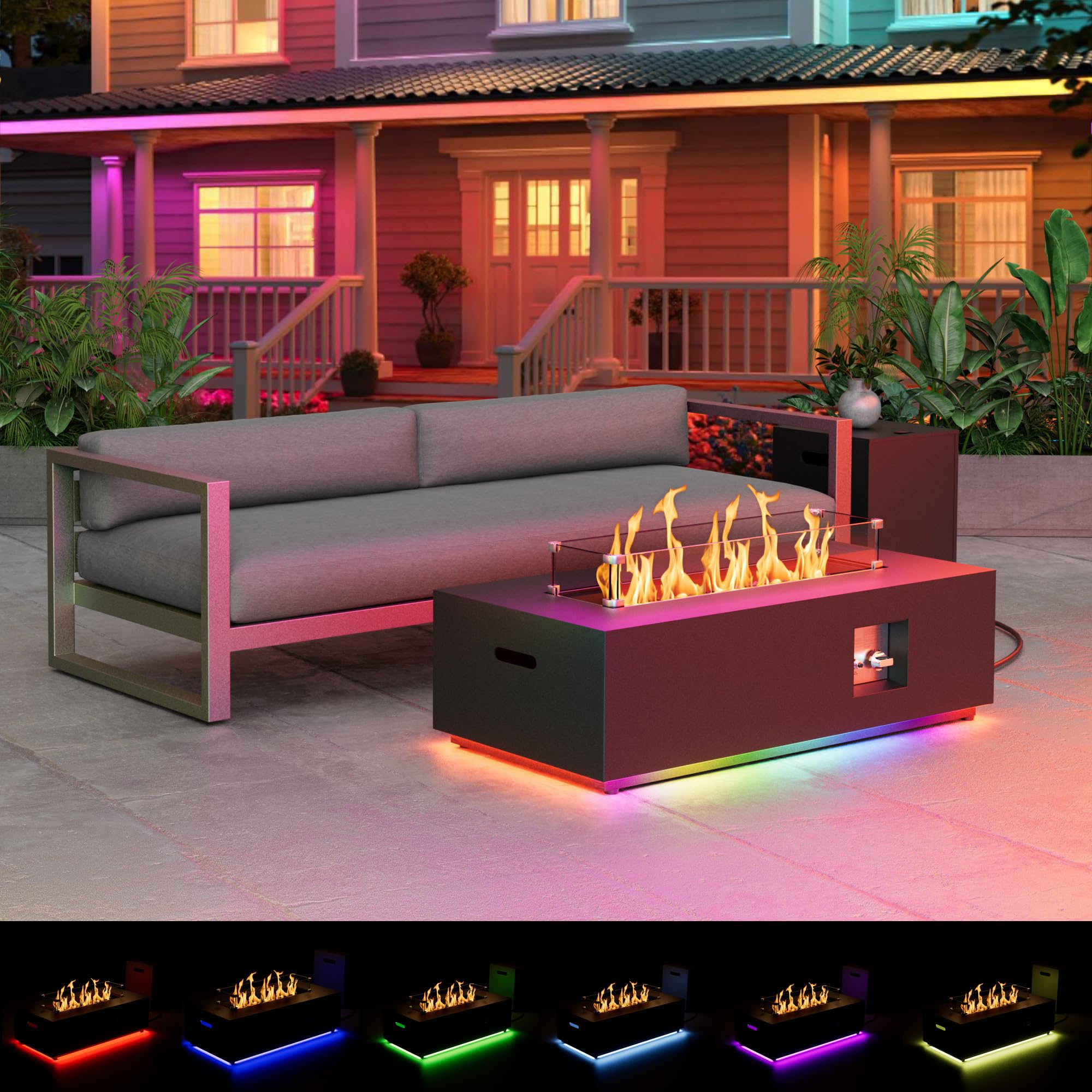 SUNPEAK 42" Modern Fire Pit Table with LED Light 50,000 BTU Deck Fire Pit Table Includes Wind Guard, Lid, Rocks & Cover - Propane Gas Patio Fireplace, Chimenea para Patio (Grey/Golden Light, 42" LED)