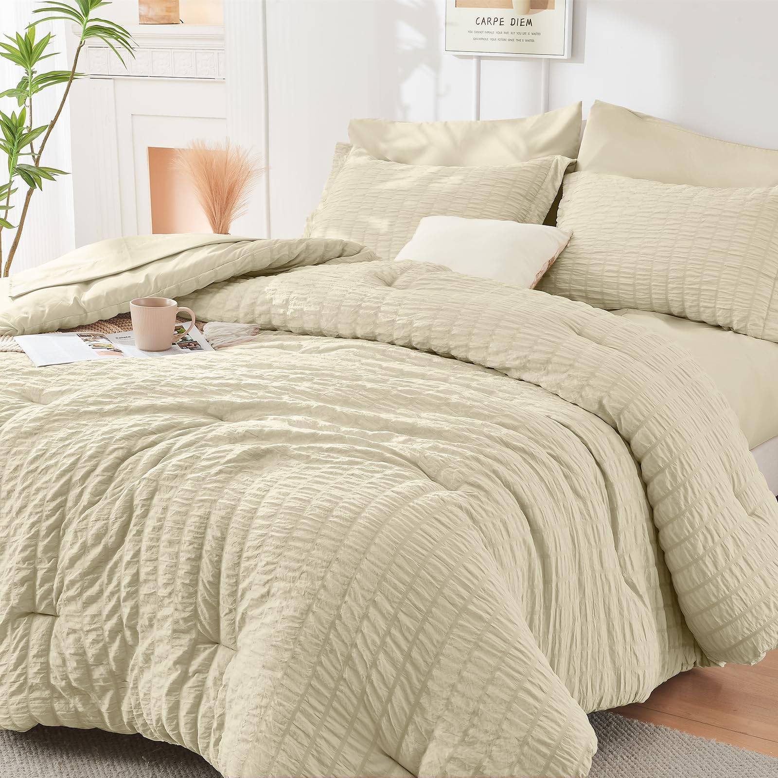 HYMOKEGE Twin XL Comforter Set Seersucker 5 Pieces, All Season Luxury Bed in a Bag for Bedroom, Bedding Set with Comforter, Sheet, Pillowcase & Sham, Dark Grey
