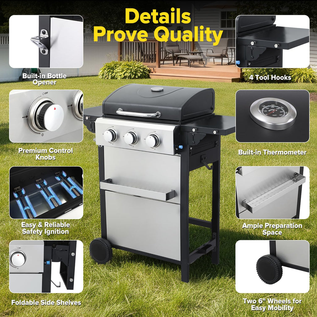 4 Burner Gas Grill with Foldable Shelves, 40,000 BTU Stainless Steel Propane BBQ Grill, 387 Sq. In. Cooking Space, Portable Outdoor Grill for Patio, Backyard, Camping & Tailgating