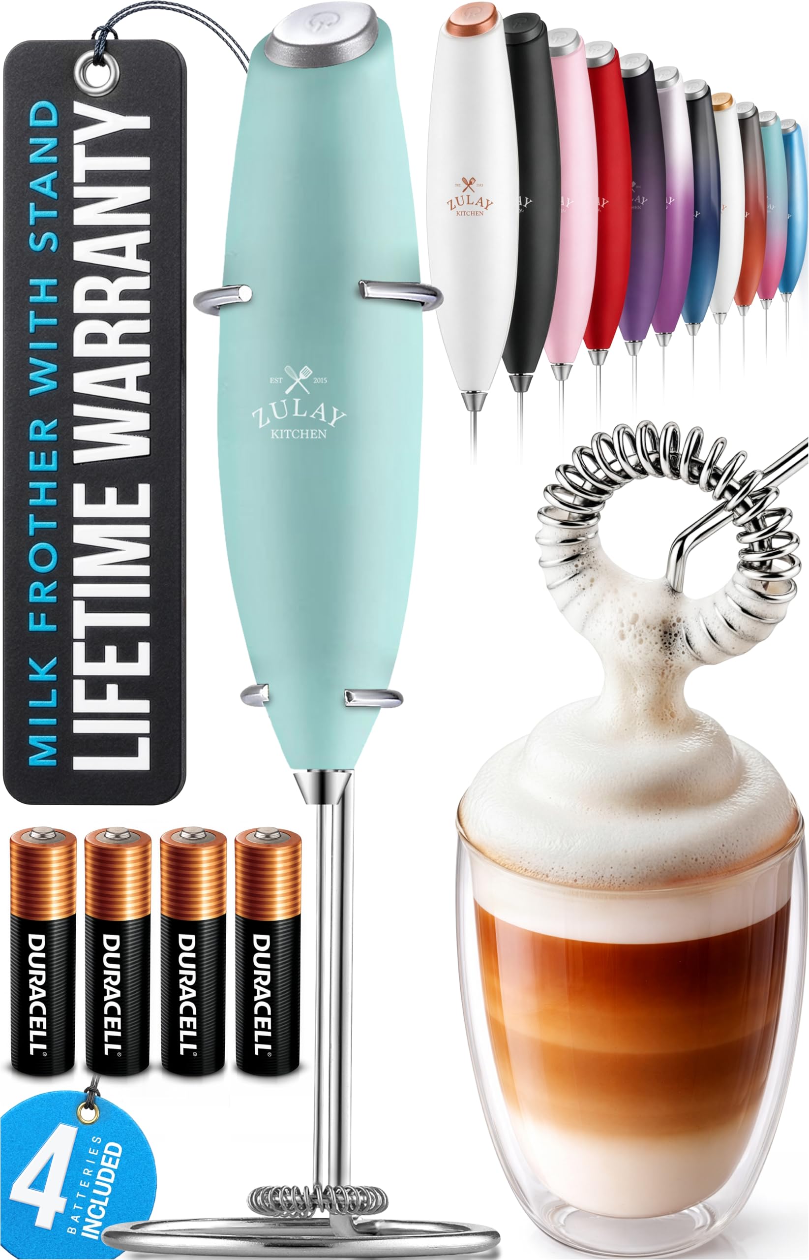 Zulay Kitchen Powerful Milk Frother Wand With Duracell Batteries - Ultra Fast Handheld Drink Mixer - Electric Whisk Foam Maker for Coffee, Lattes, Cappuccino & Matcha - Z1 Motor - Black