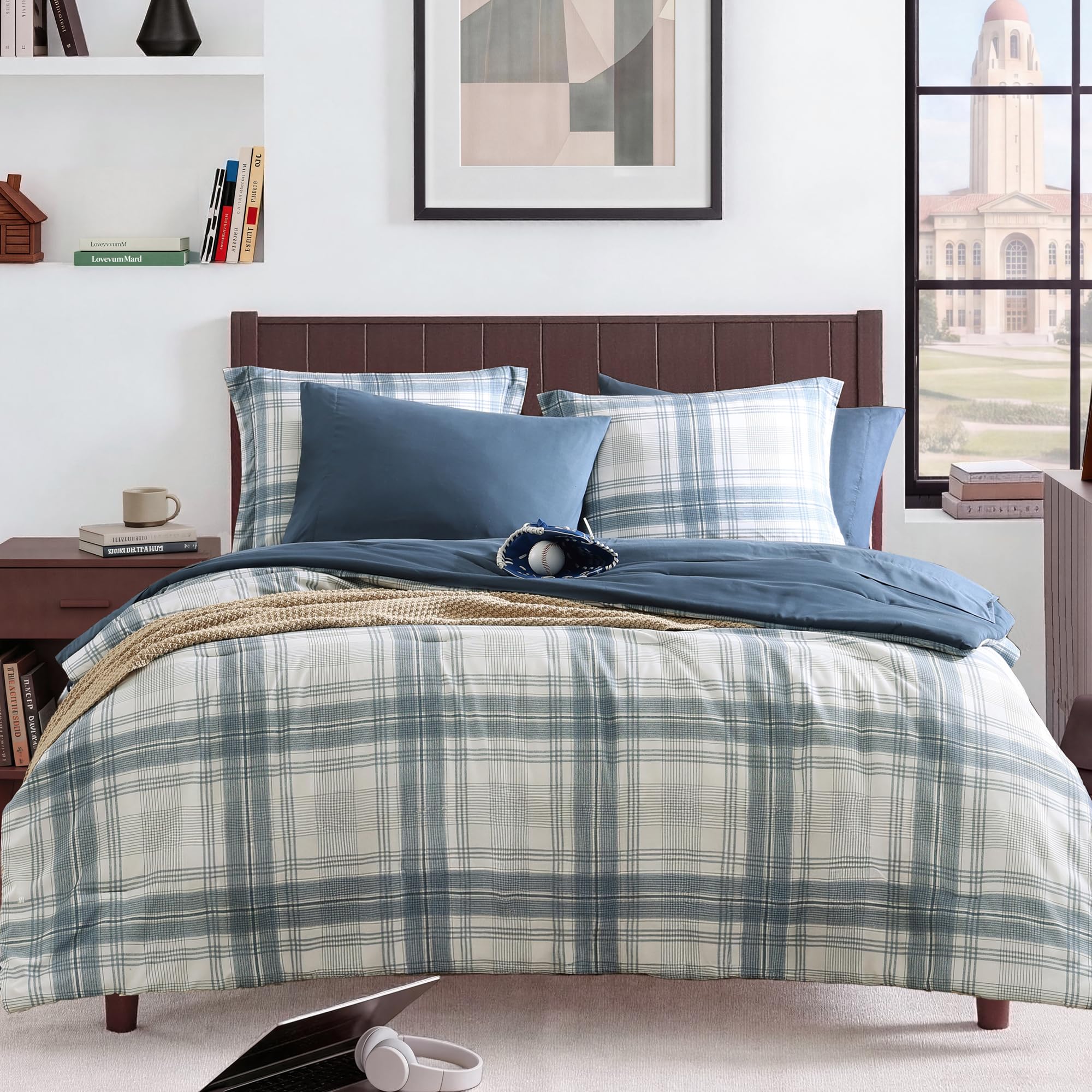 MaiRêve Plaid Twin XL Comforter Set Navy Blue 5 Pieces Dorm Bed in a Bag | Rustic Farmhouse Bedding Sets for Boys Teen with Sheets, Pillowcase & Sham