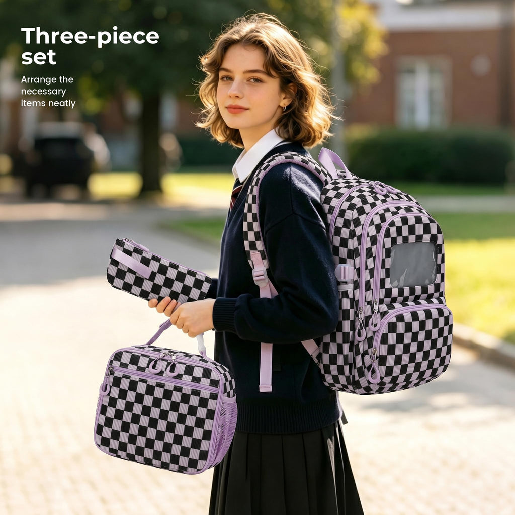 Corduroy School Backpack Set for Girls Boys Women, 3Pcs Kids Bookbag with Lunch Box & Pencil Pouch, Elementary Middle High School College Daypack 15.6" Laptop Bag for Work Travel, Leopard Brown